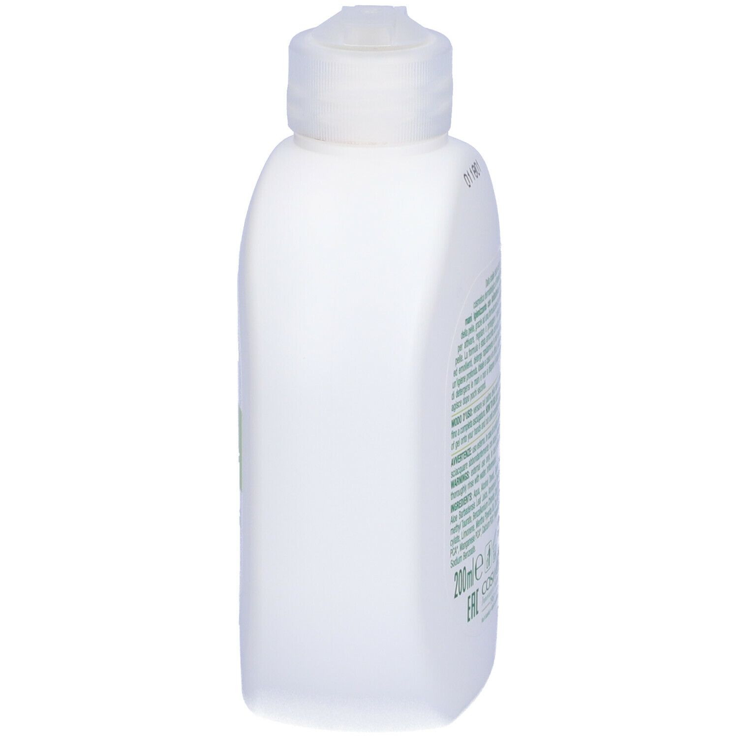 Retro del flacone bianco. Testo in italiano. Tappo a pompa. 200ml.