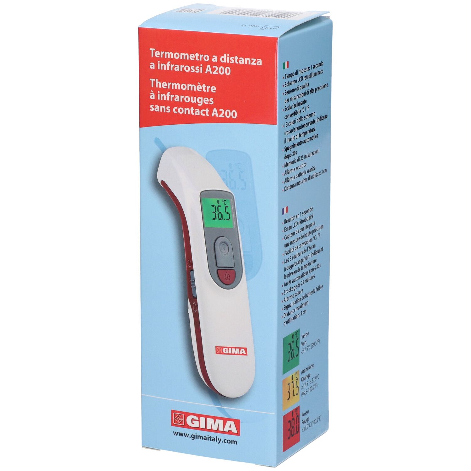 Infrarot-Thermometer in Verpackung. Weißes Gerät mit rotem Akzent, grünem Display. GIMA-Logo.