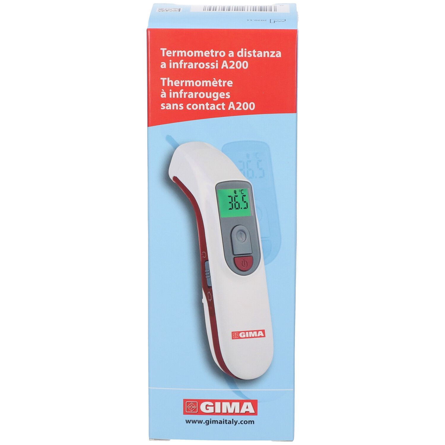 Thermometer in Verpackung. Weißes Gerät mit rotem Akzent, grünem Display. GIMA-Logo.