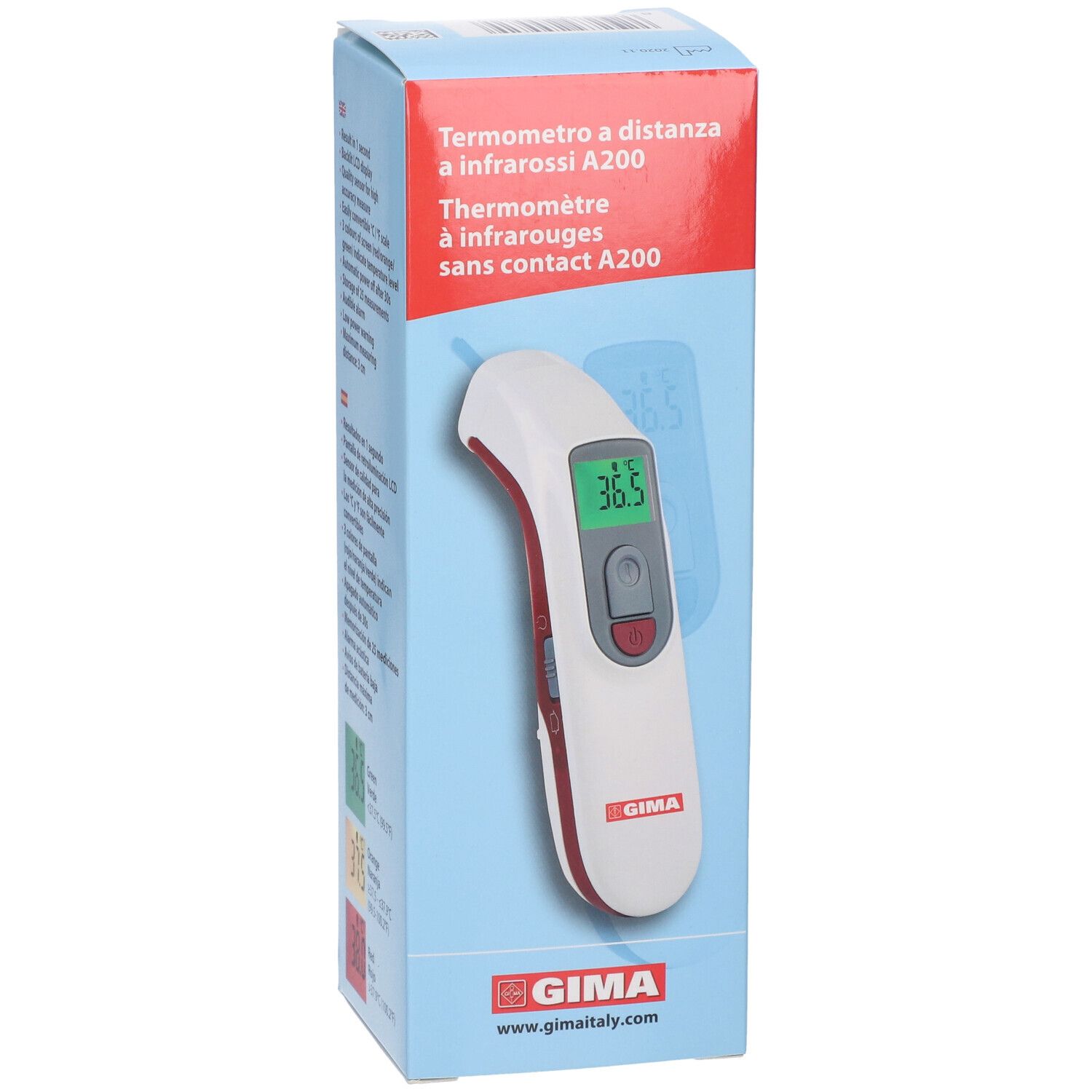 Thermometer in Verpackung. Weißes Gerät mit rotem Akzent, grünem Display. GIMA-Logo.