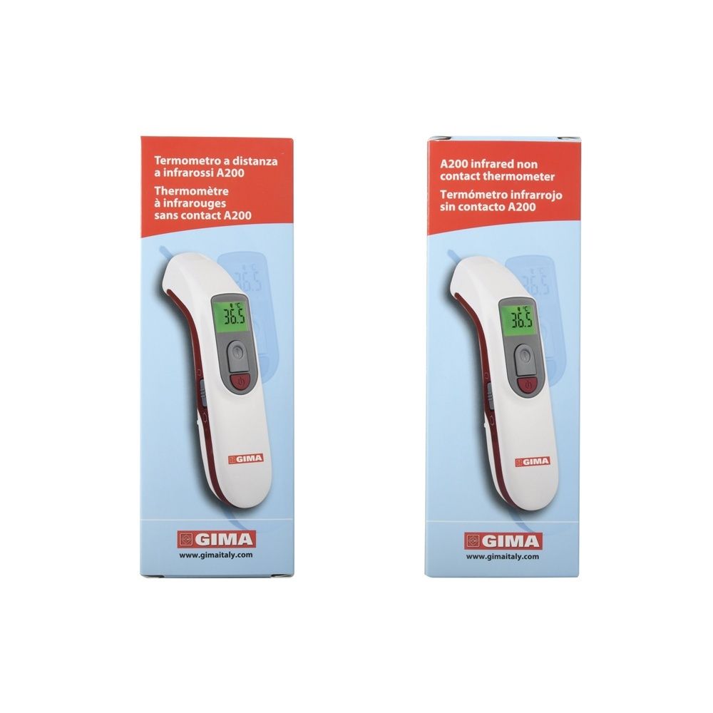 Zwei Packungen mit kontaktlosem Thermometer. Text: Thermomètre à distance, Thermometro a distanza, A200.
