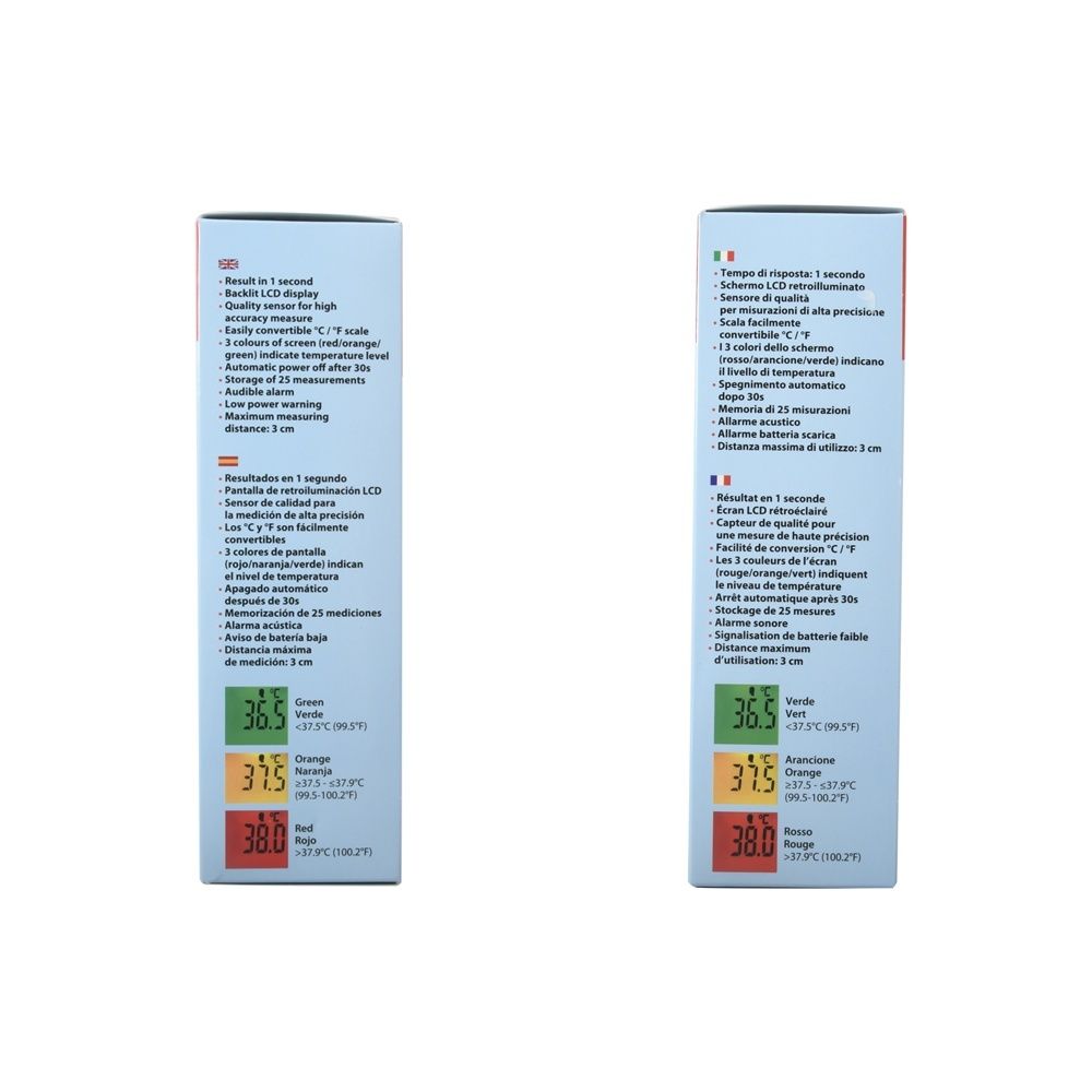 Rückseite der Thermometerverpackung. Text: Ergebnisse in 1 Sekunde, 3 Farben, automatische Abschaltung.
