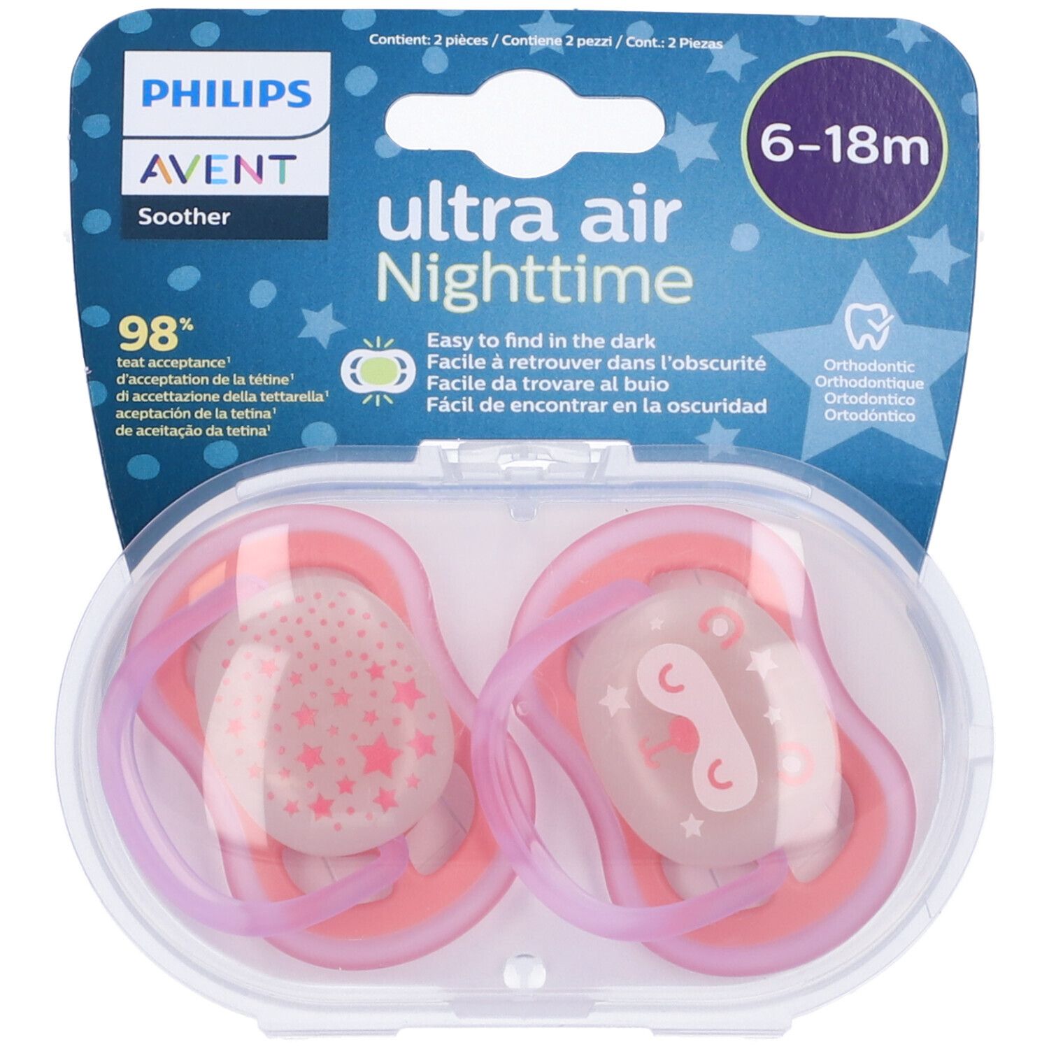 Confezione con due succhietti. Cornici rosa, motivi a stella. Testo: Philips Avent, Ultra Air Night, 6-18m. Scatola inclusa.
