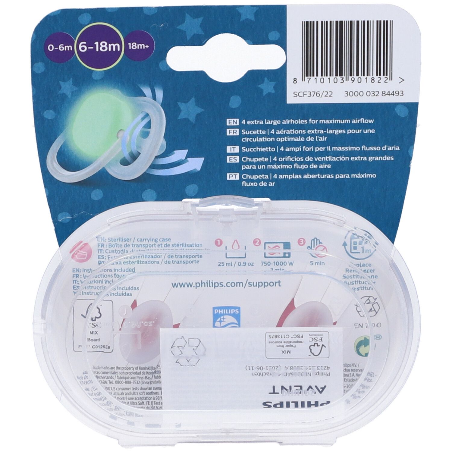 Retro della confezione con due succhietti. Testo: Philips Avent. Contiene informazioni sulla sterilizzazione e la circolazione dell'aria.
