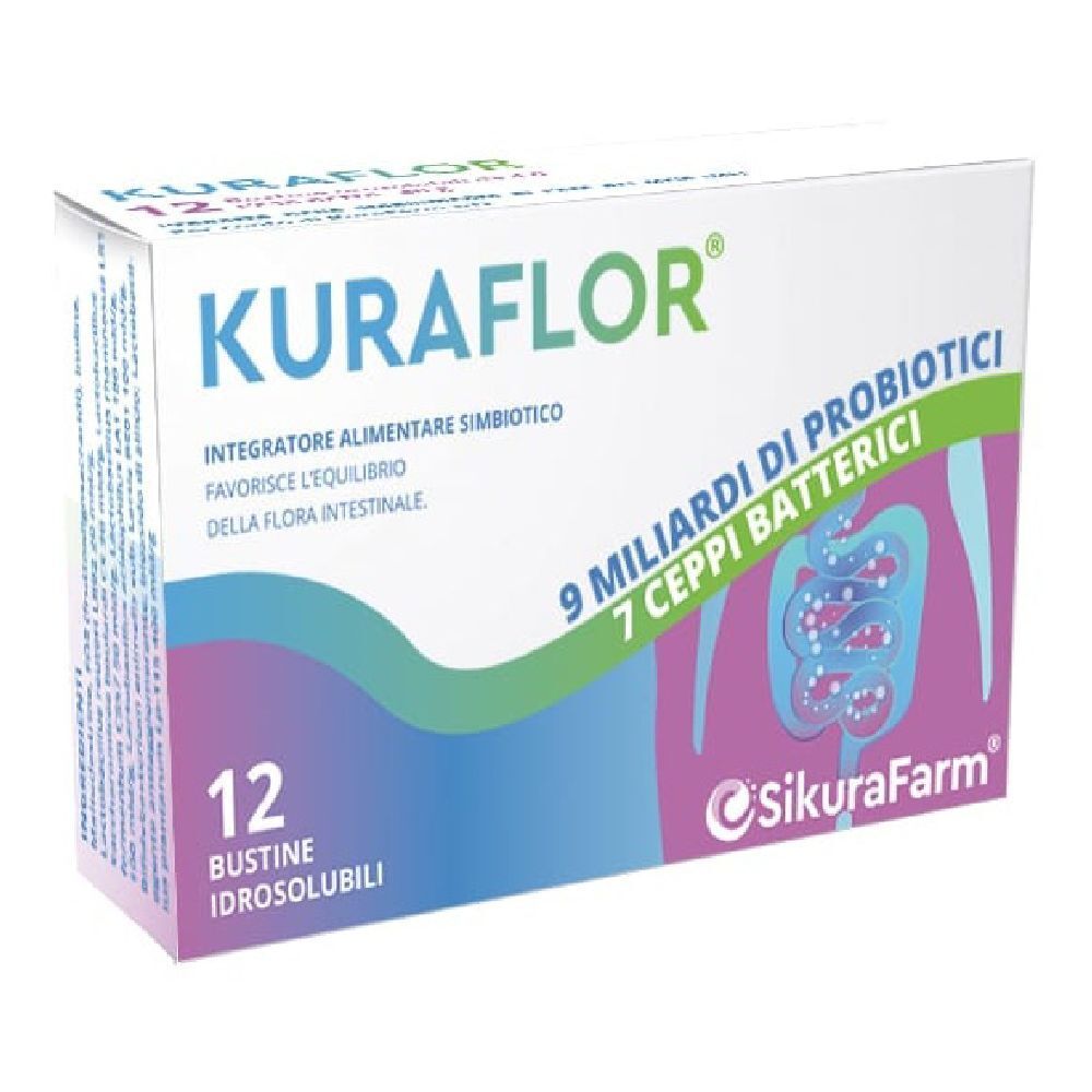 Scatola Kuraflor, 12 bustine. Scritta: 9 miliardi di probiotici, 7 ceppi batterici. Marchio SikuraFarm. Elementi blu e verdi.