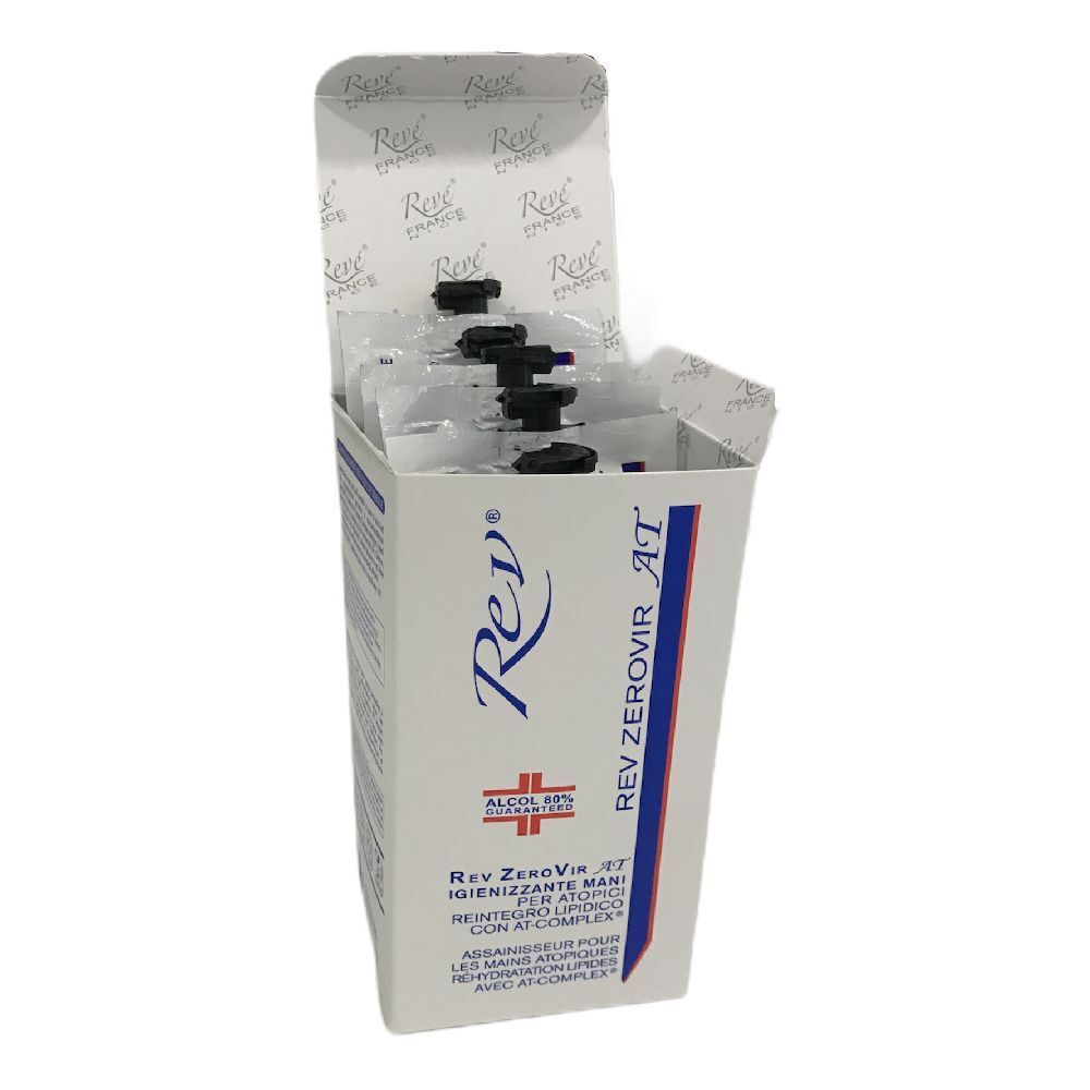 Scatola bianca Rev Zerovir AT con bustine singole. Chiusure nere. Testo multilingue.