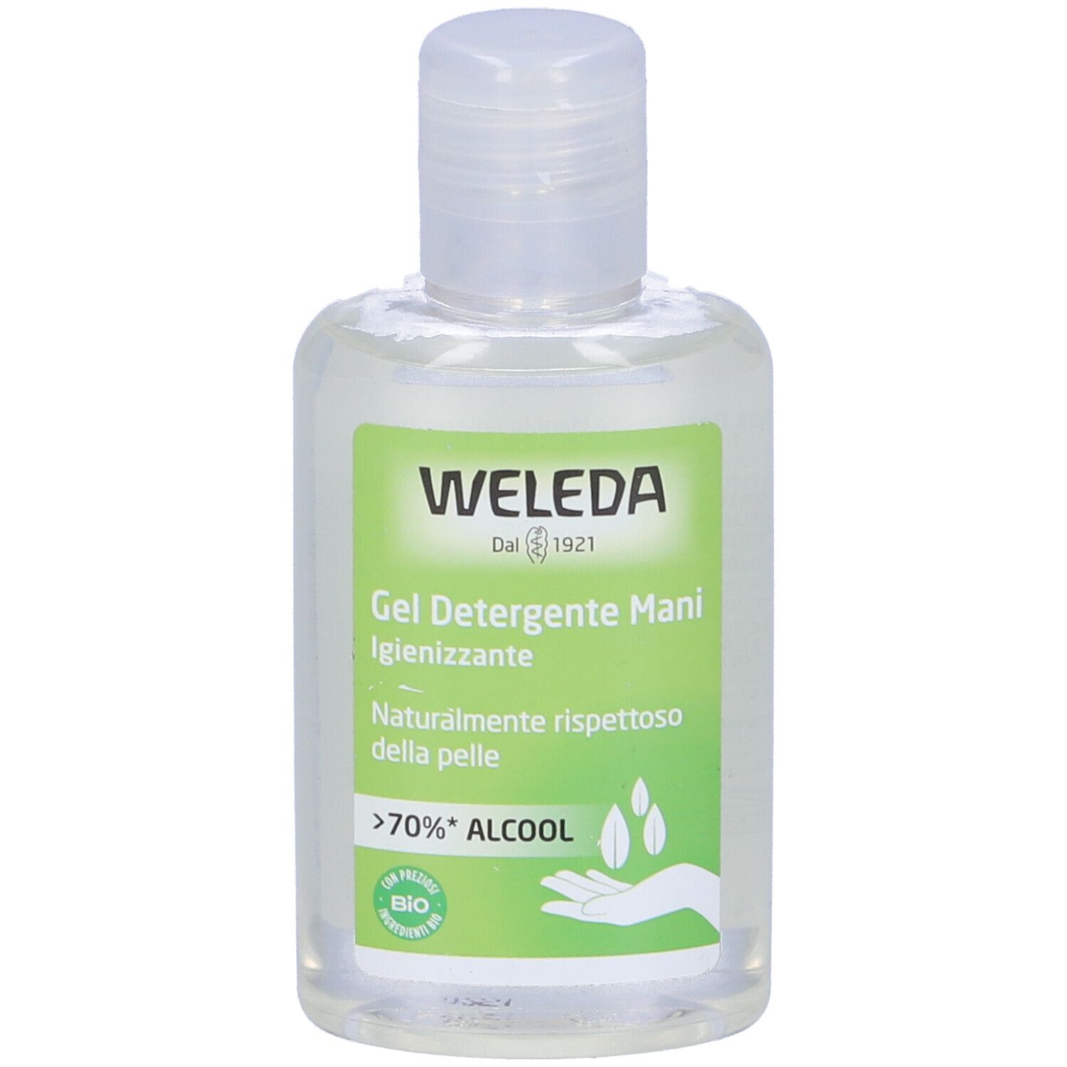 Flacone di Gel Detergente Mani Weleda. Etichetta verde e bianca con informazioni. Oltre il 70% di alcol. Certificazione bio.