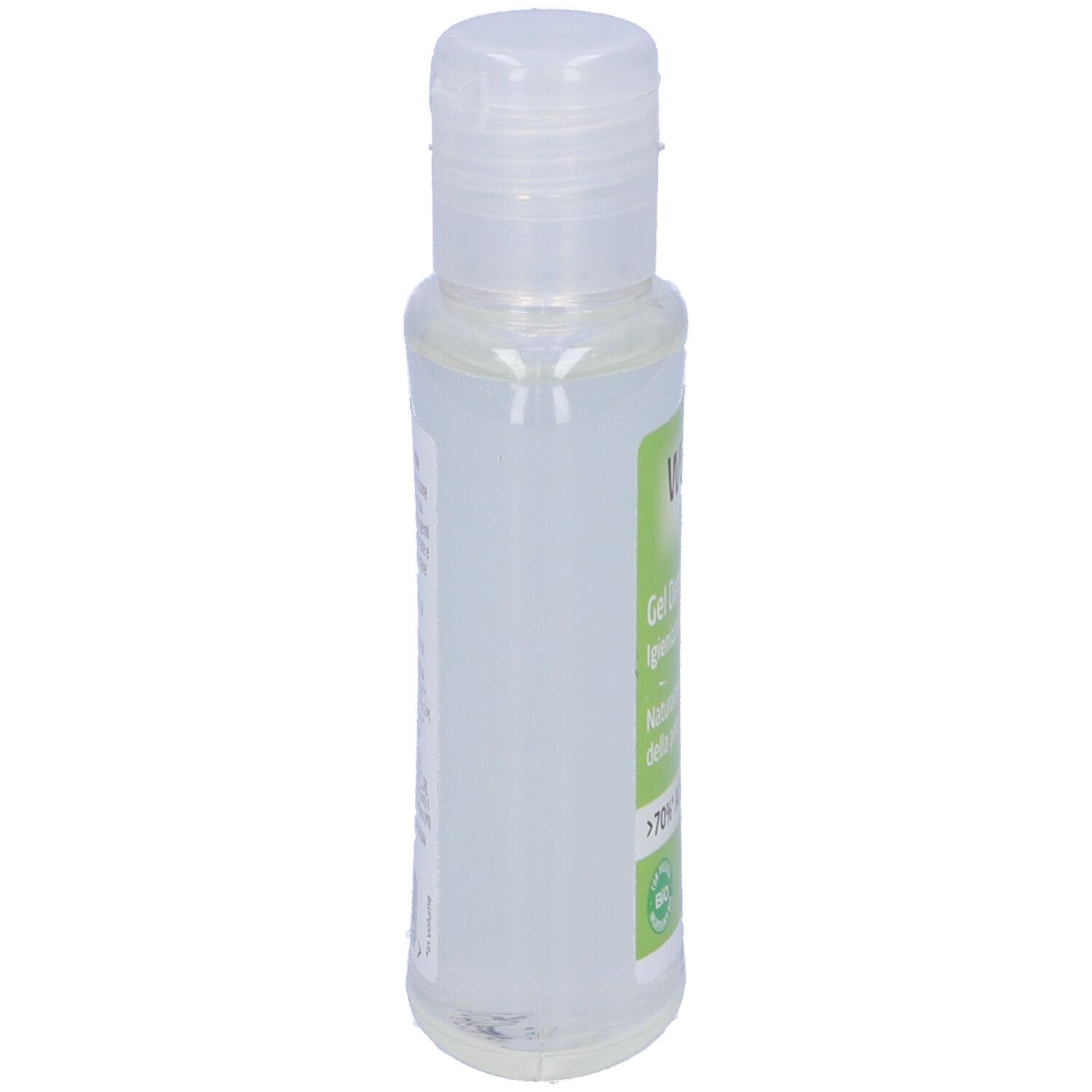 Flacone di Gel Detergente Mani Weleda. Vista laterale. Etichetta verde e bianca. Oltre il 70% di alcol. Certificazione bio.