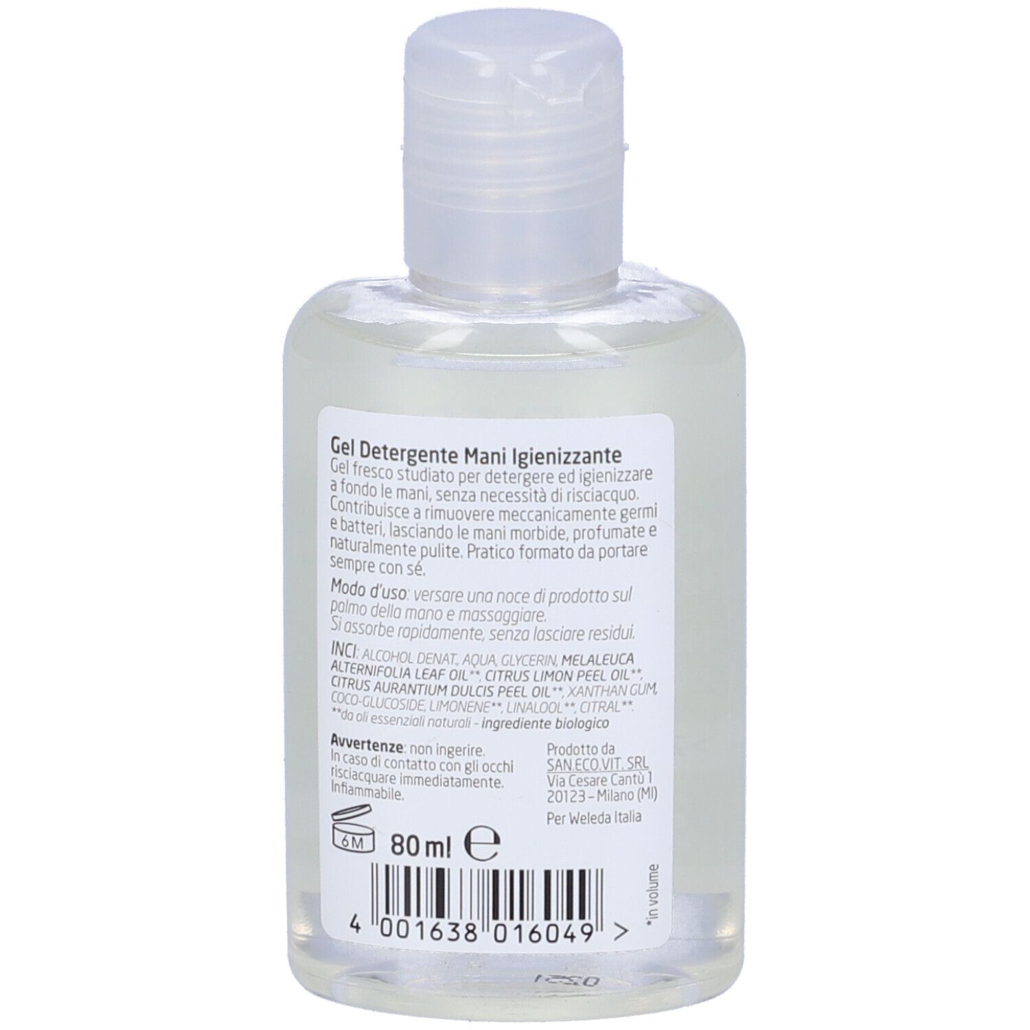 Retro del flacone Gel Detergente Mani Weleda. Informazioni, ingredienti, avvertenze, indirizzo produttore, 80ml.