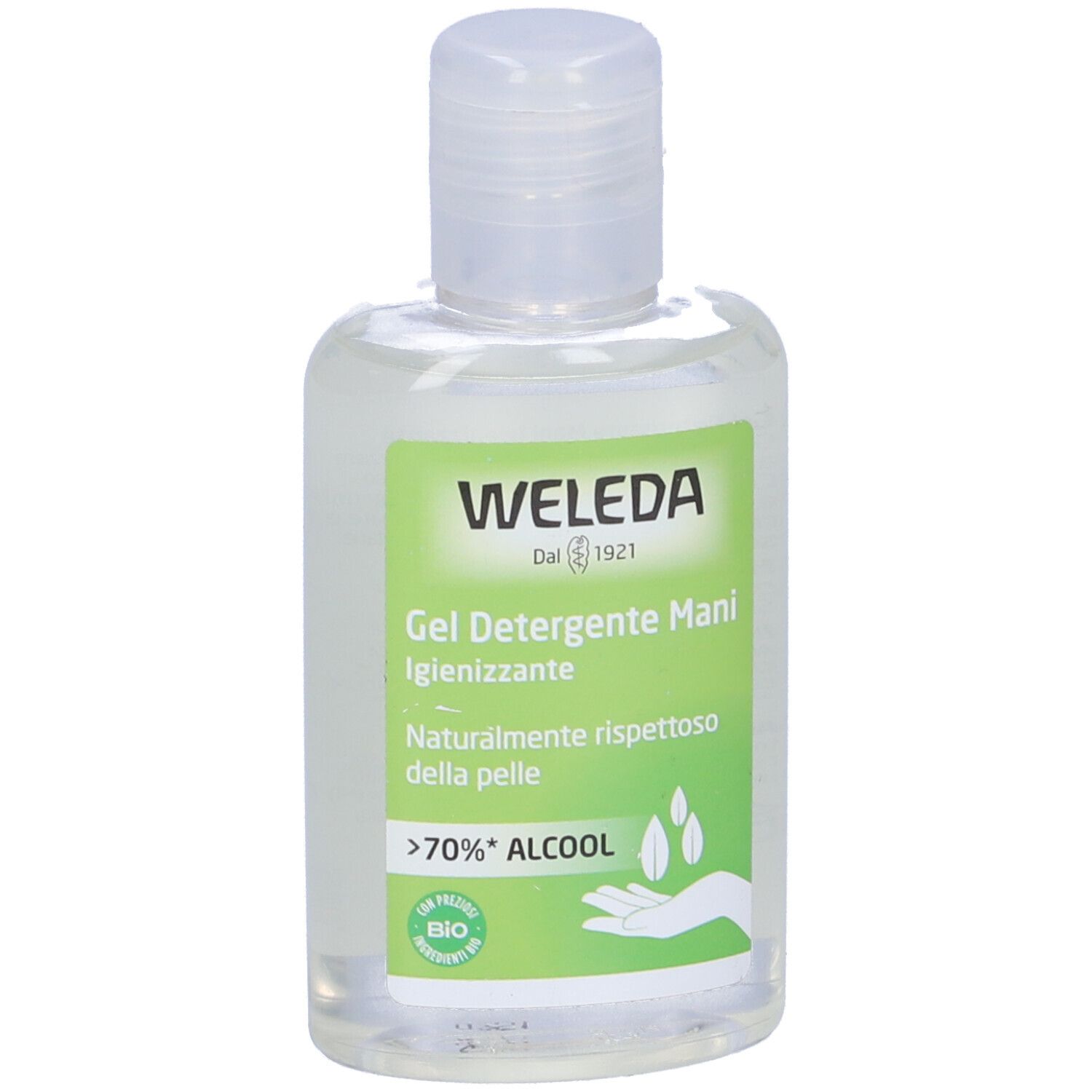 Flacone di Gel Detergente Mani Weleda. Etichetta verde e bianca con informazioni. Oltre il 70% di alcol. Certificazione bio.