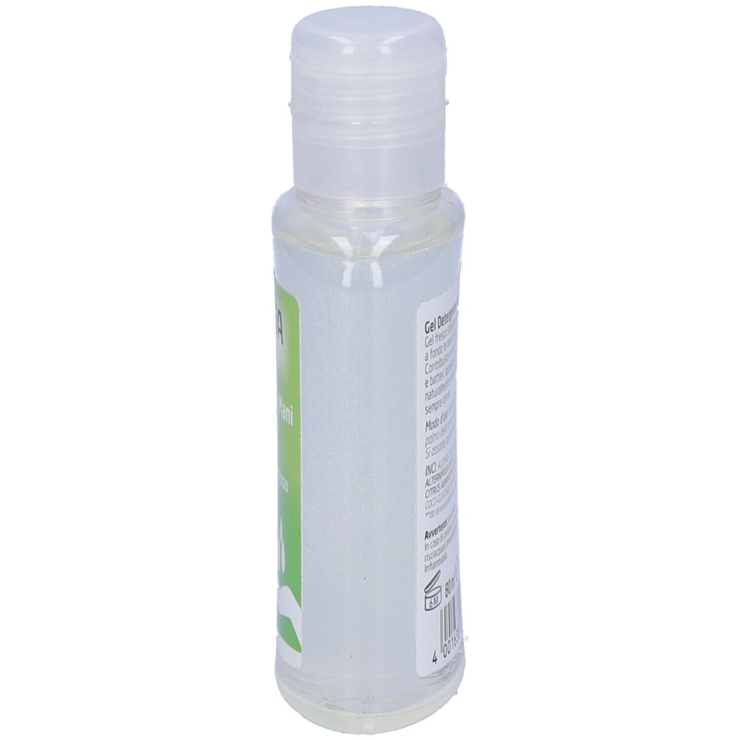 Flacone di Gel Detergente Mani Weleda. Vista laterale. Etichetta verde e bianca. Oltre il 70% di alcol. Certificazione bio.