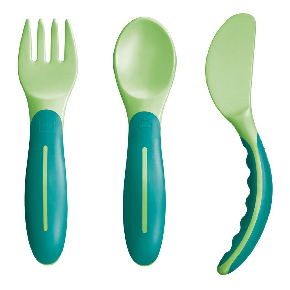Set di posate per bambini in tre pezzi. Forchetta, cucchiaio e coltello verdi e turchini. Manici ergonomici.