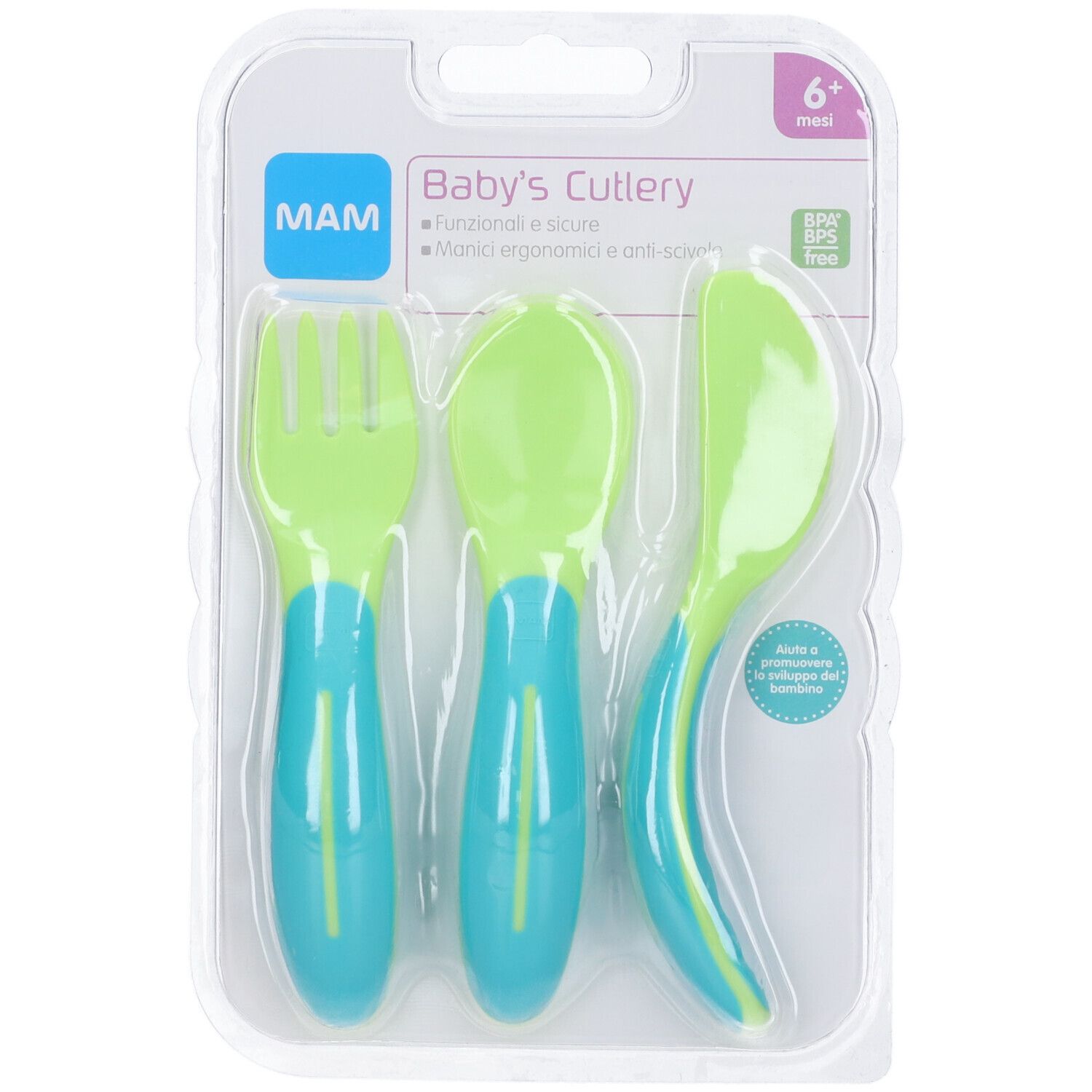 Set di posate per bambini confezionato. Include forchetta, cucchiaio e coltello. Marchio MAM. 6+ mesi.