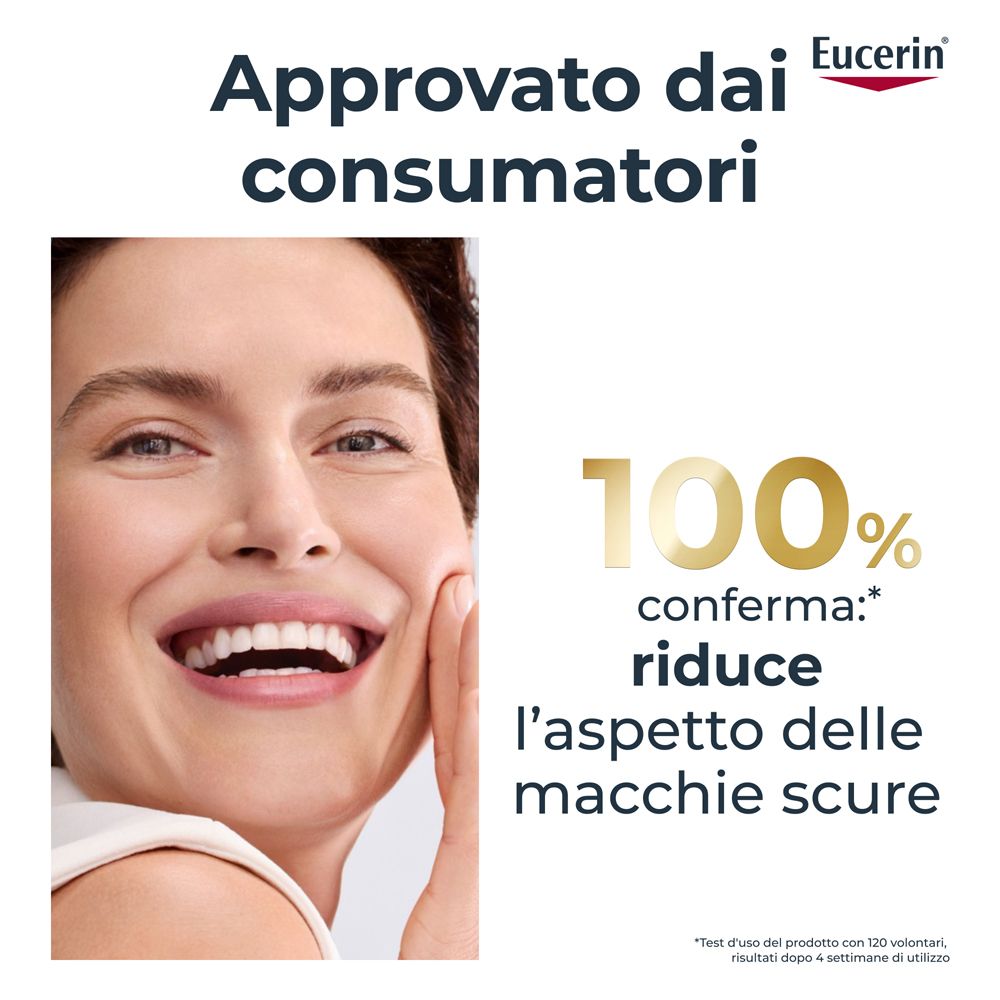 Femme souriante. Texte : 100% confirmé : réduit l'apparence des taches. Logo Eucerin.