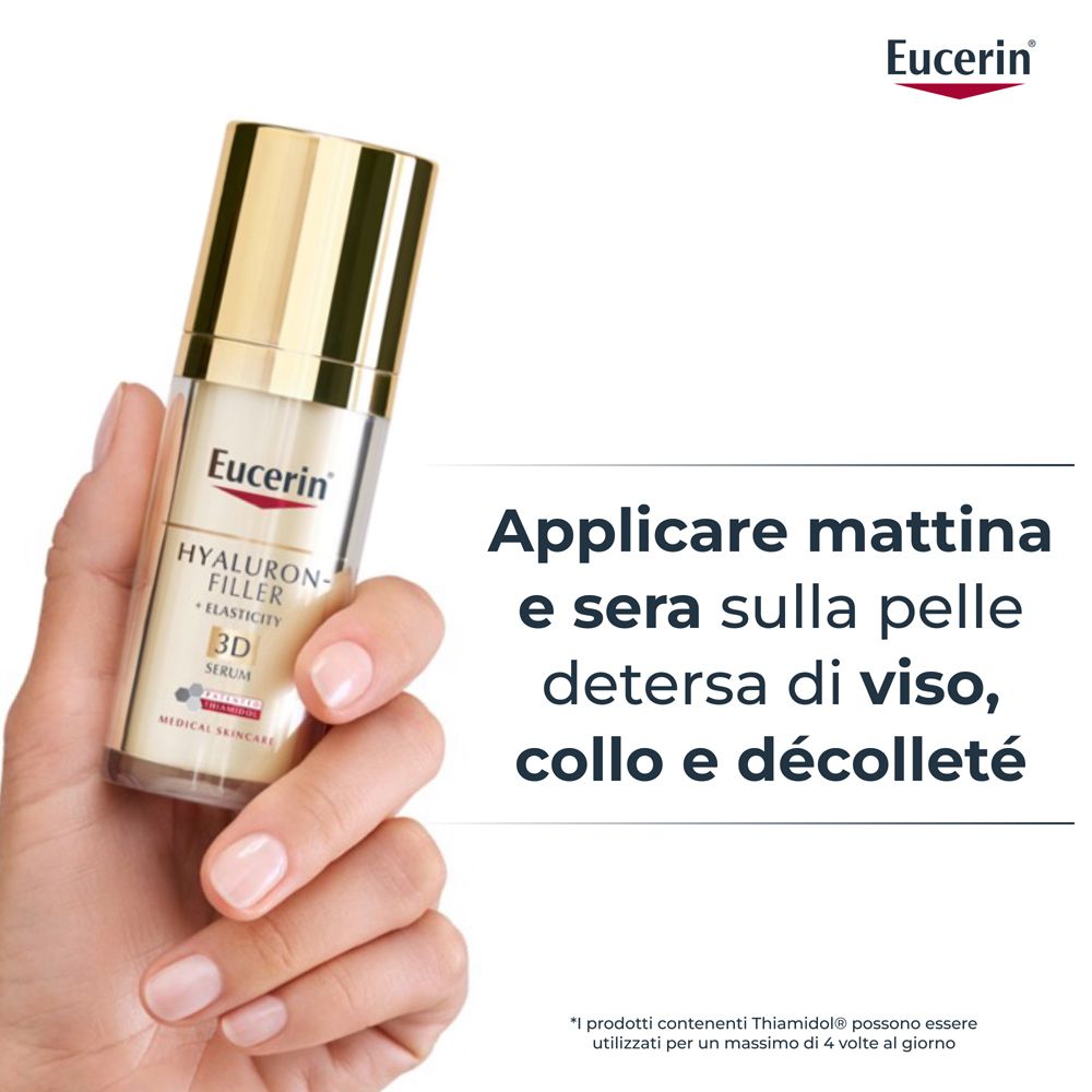 Main tenant un flacon de sérum. Texte : Appliquer matin et soir sur peau nettoyée.