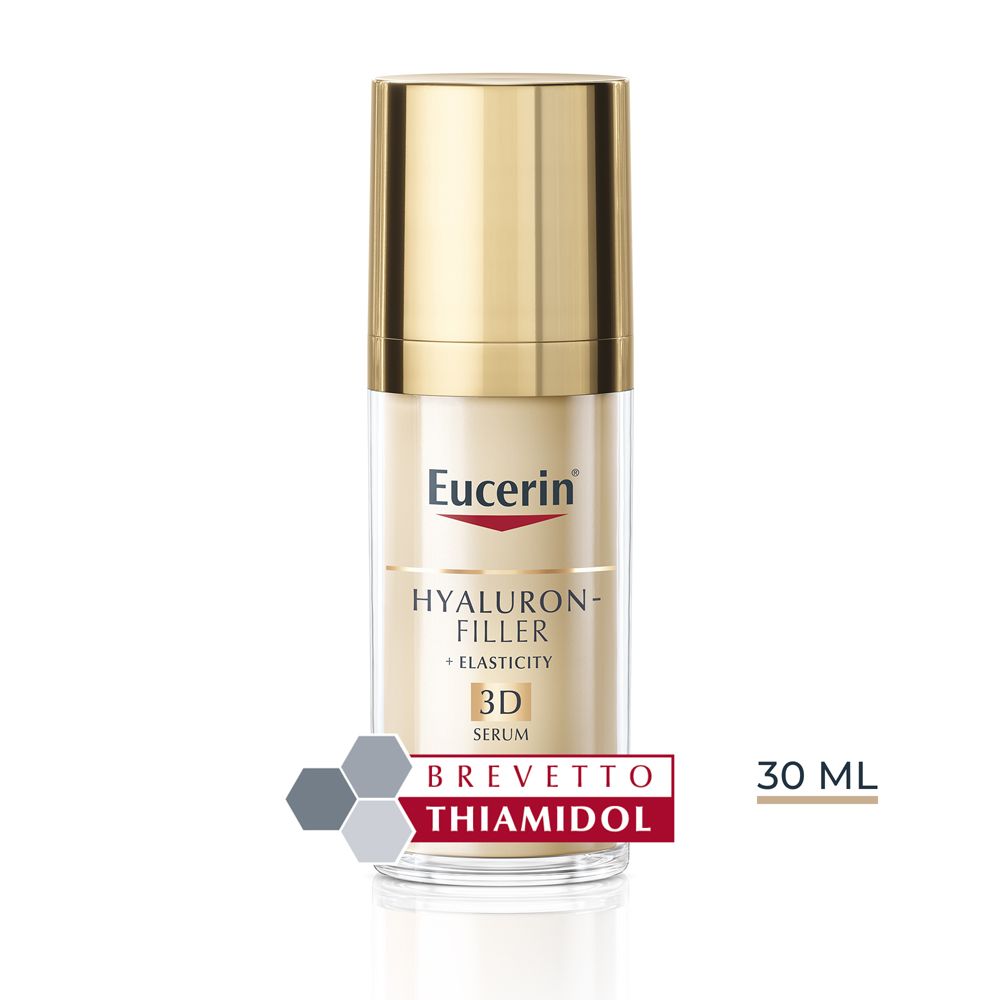 Flacon de sérum avec bouchon doré. Texte : 30 ml. Eucerin Hyaluron-Filler + Elasticity 3D Serum.
