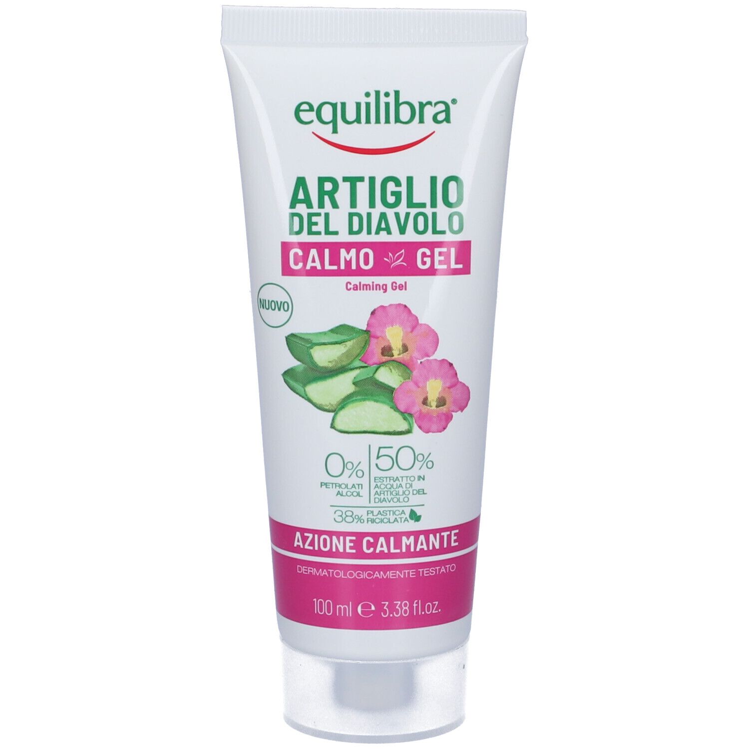 Tubo bianco e verde con nome del prodotto e illustrazioni. Testo: Artiglio del Diavolo Calmo-Gel, 0% petrolati, 50% acqua.
