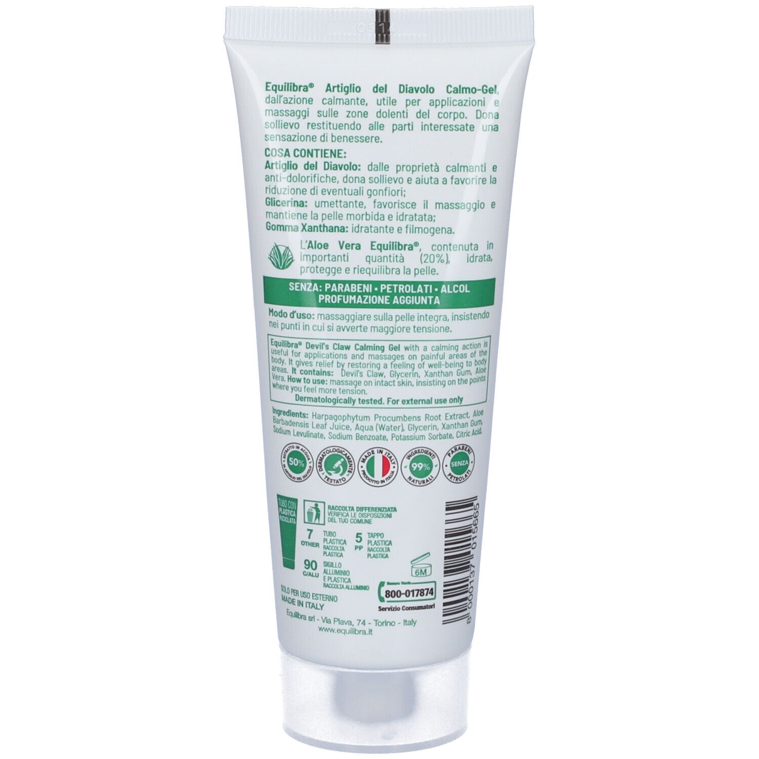 Retro di un tubo con testo e loghi. Contiene informazioni sugli ingredienti e l'uso. Dermatologicamente testato.