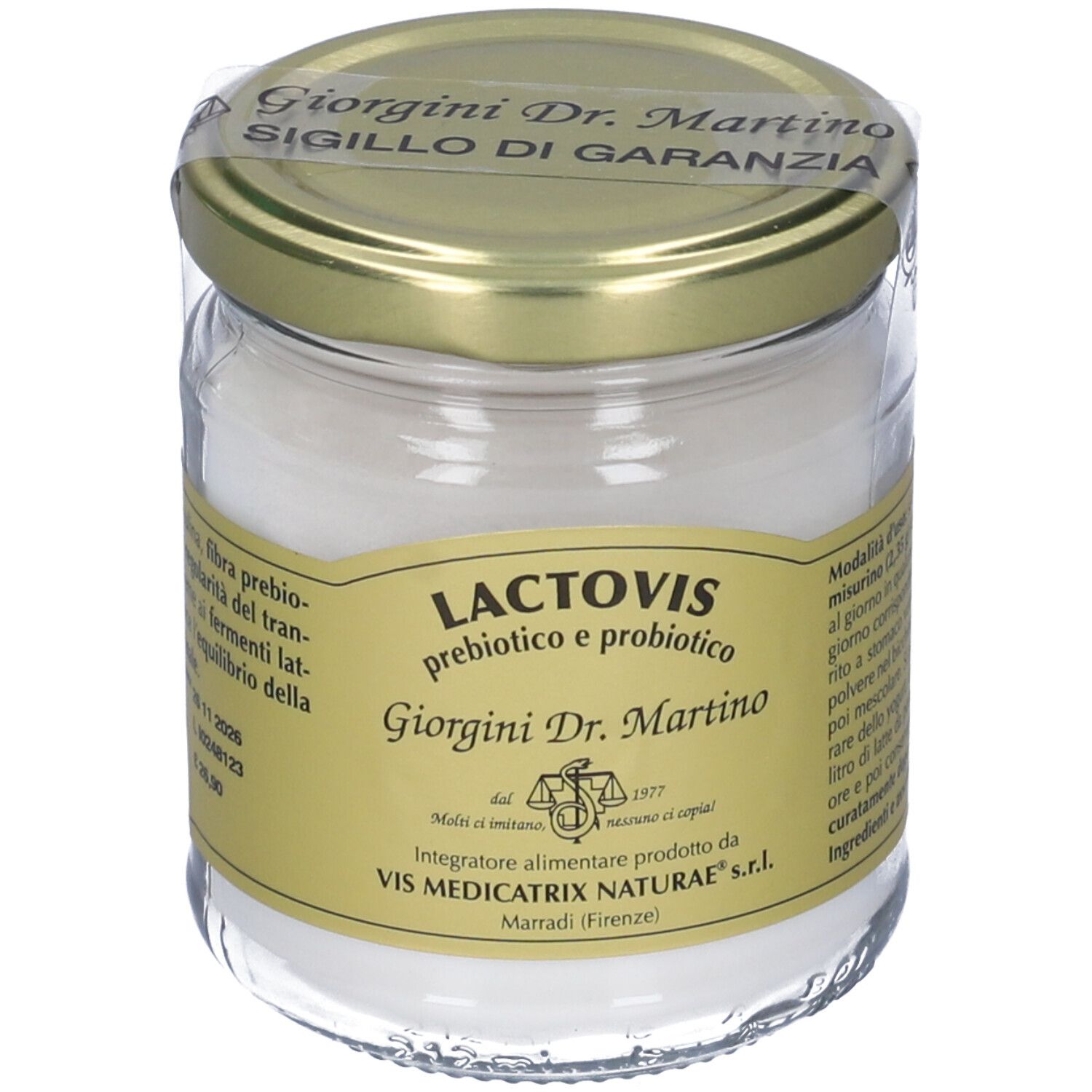 Récipient en verre avec poudre blanche, couvercle doré et étiquette avec informations produit.