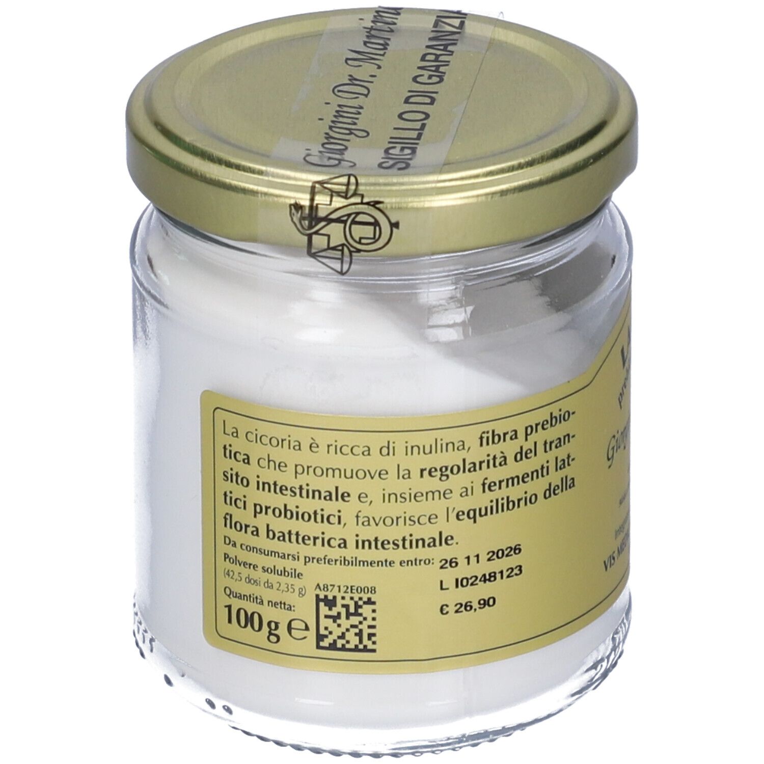 Récipient en verre avec poudre blanche, couvercle doré et étiquette avec informations produit.