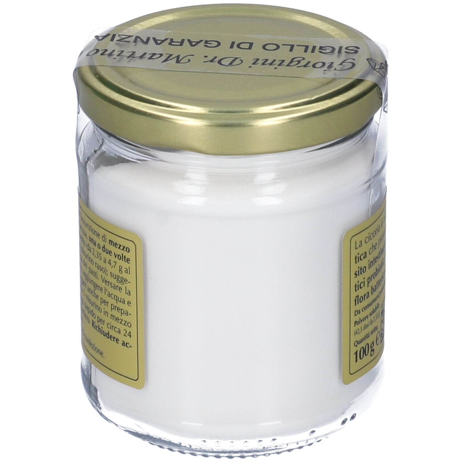 Récipient en verre avec poudre blanche, couvercle doré et étiquette avec informations produit.