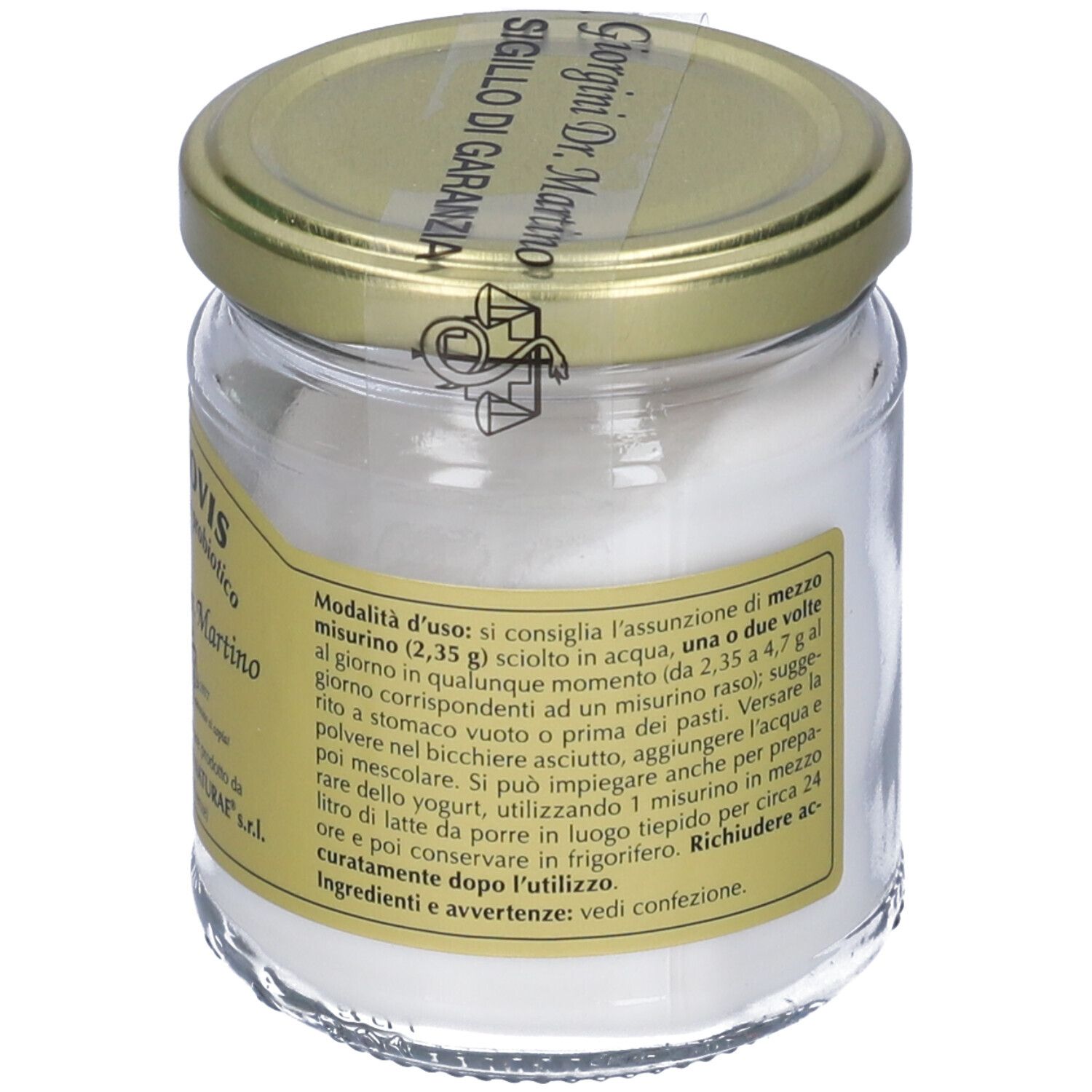 Récipient en verre avec poudre blanche, couvercle doré et étiquette avec informations produit.