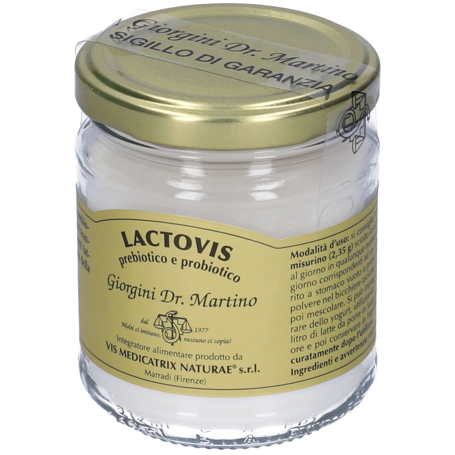 Récipient en verre avec poudre blanche, couvercle doré et étiquette avec informations produit.