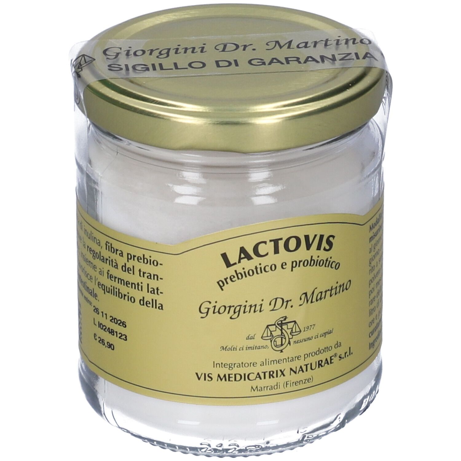 Récipient en verre avec poudre blanche, couvercle doré et étiquette avec informations produit.