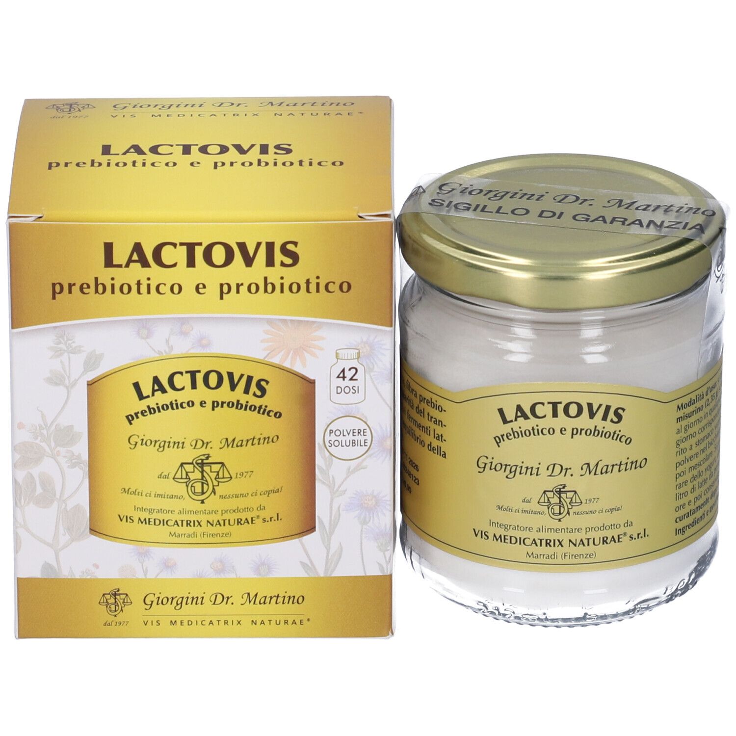 Récipient en verre et boîte avec nom du produit Lactovis, étiquettes et couvercles dorés.