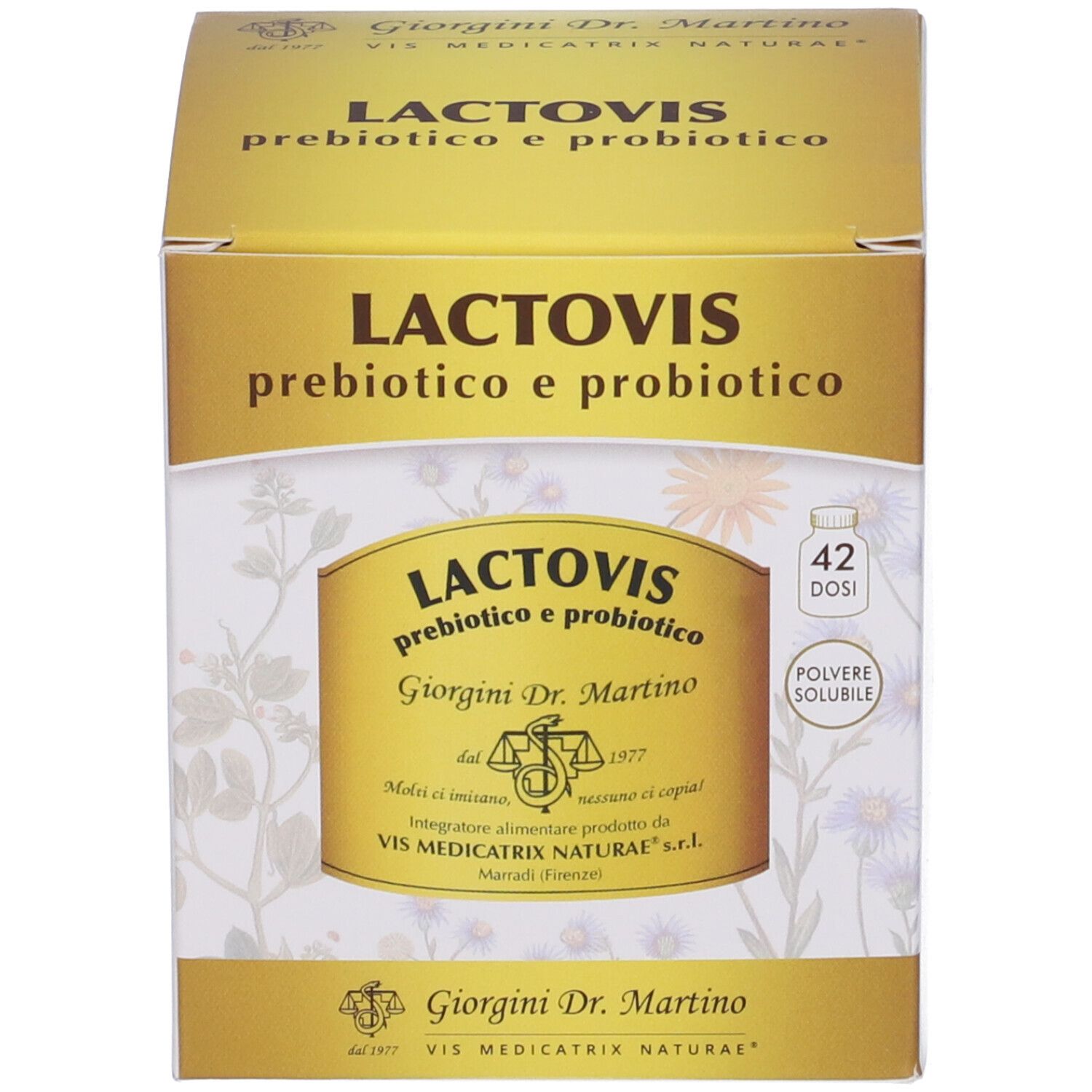 Boîte avec nom du produit Lactovis, étiquettes dorées et informations produit.