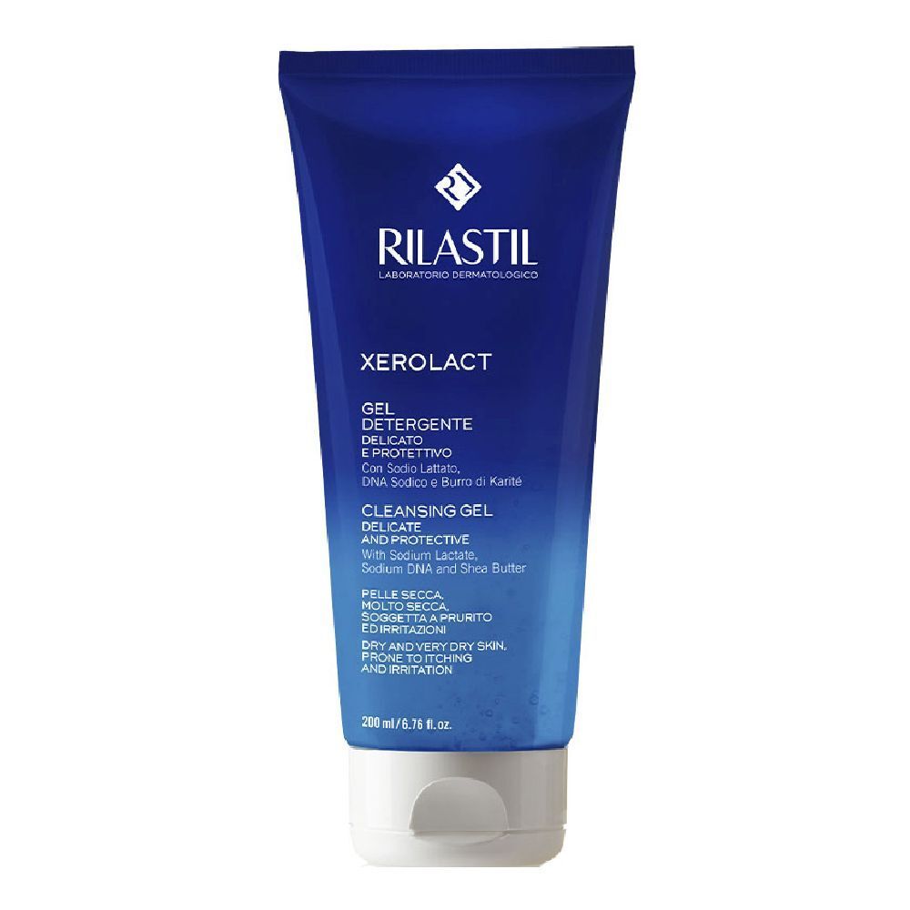 Blau-weiße Tube mit Produktnamen und Text. Enthält Rilastil Xerolact Gel Detergente.