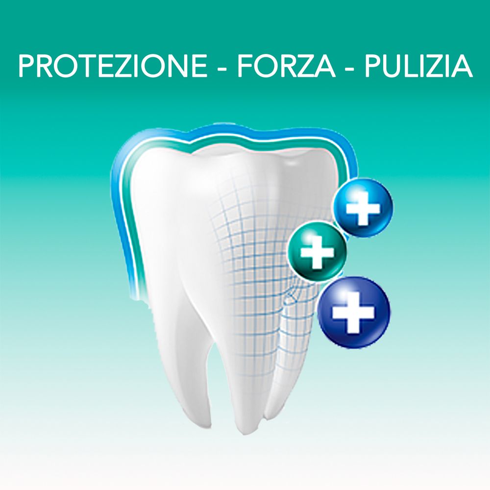 Illustrazione di un dente con simboli di protezione. Testo: Protezione, Forza, Pulizia. Cerchi blu, verdi e blu.