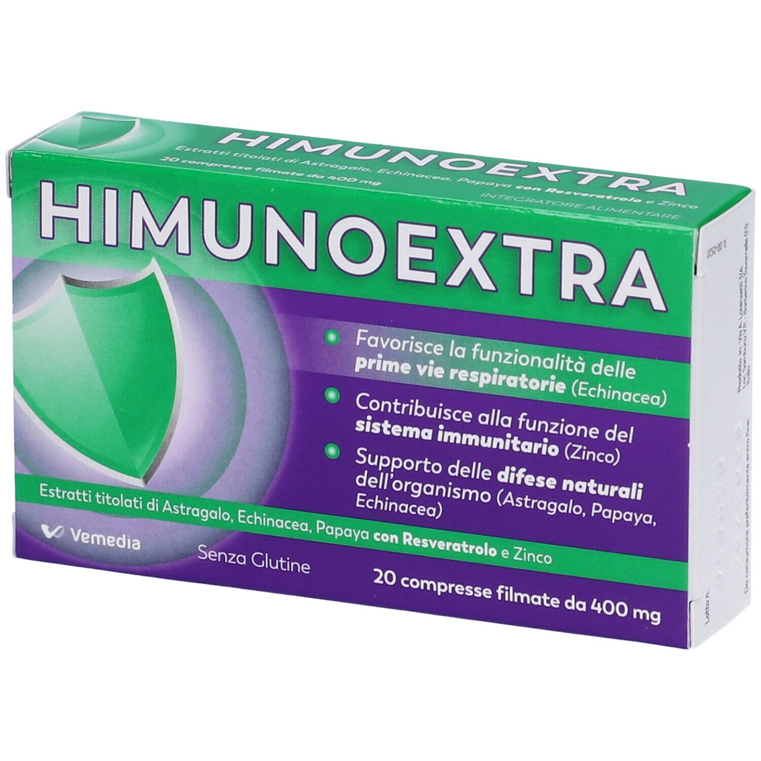 Scatola di compresse HIMUNOEXTRA. Design verde e viola con nome del prodotto e informazioni. Logo VEMEDIA.