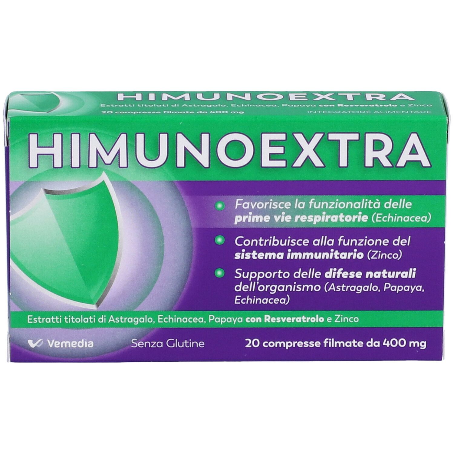 Fronte della scatola HIMUNOEXTRA. Nome del prodotto, informazioni e logo VEMEDIA.
