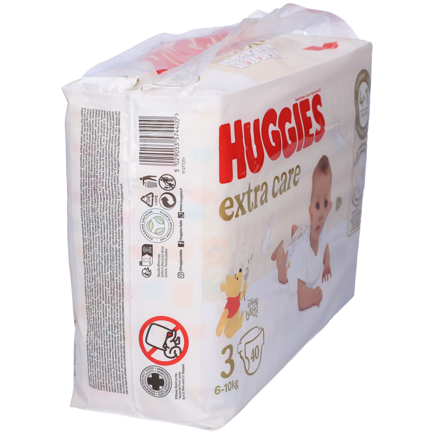 Confezione di pannolini Huggies Extra Care Taglia 3, 6-10 kg. Vista laterale con testo e simboli.