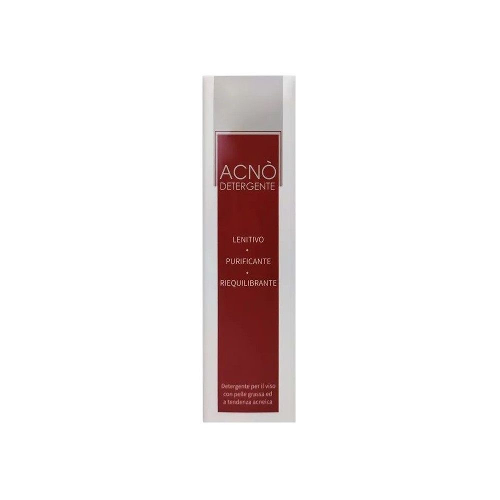 Flacone Acnò Detergente. Etichetta bianca con riquadro rosso e testo. Nome prodotto e caratteristiche.