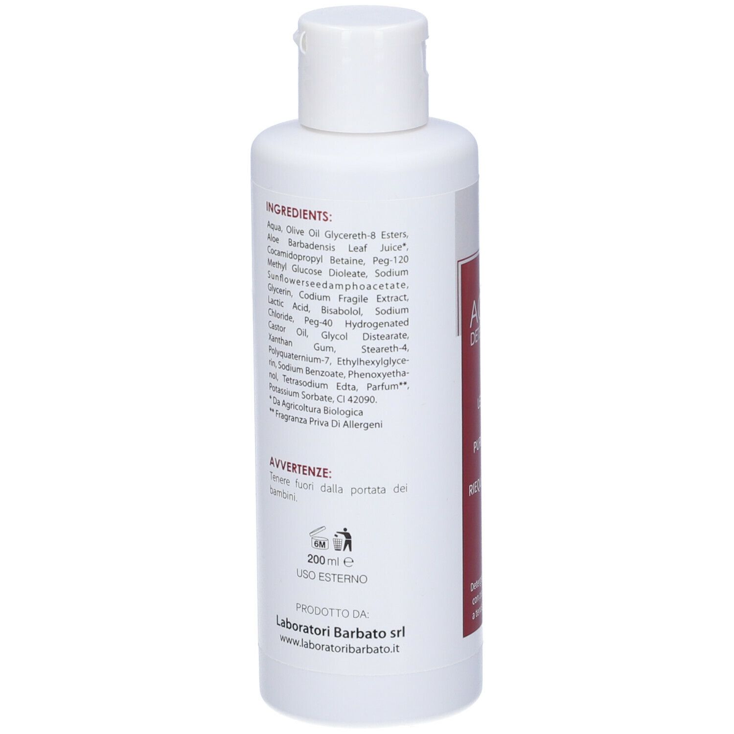 Retro del flacone Acnò Detergente. Testo con ingredienti e avvertenze. Sfondo bianco.