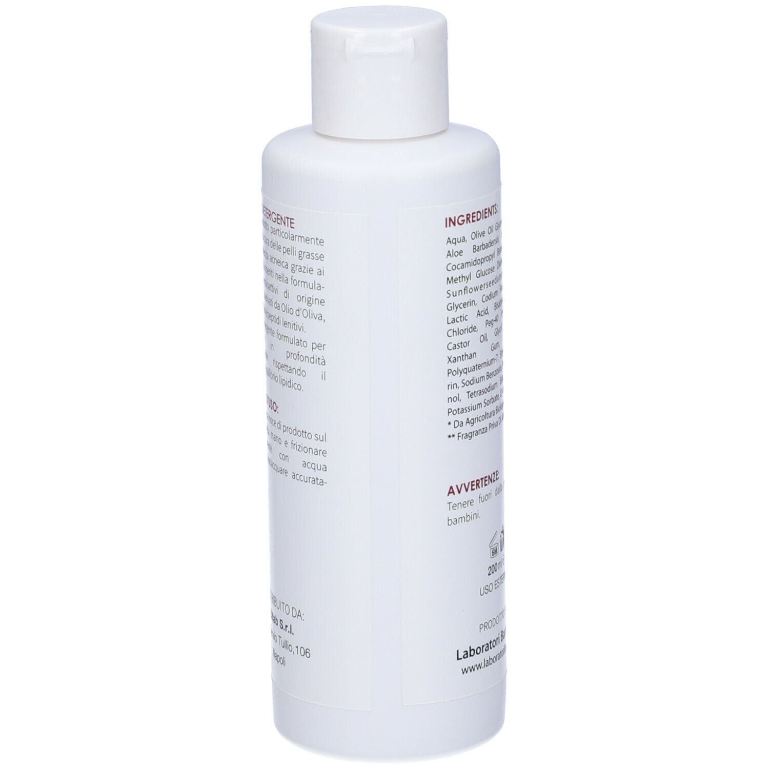Retro del flacone Acnò Detergente. Testo con ingredienti e avvertenze. Sfondo bianco.