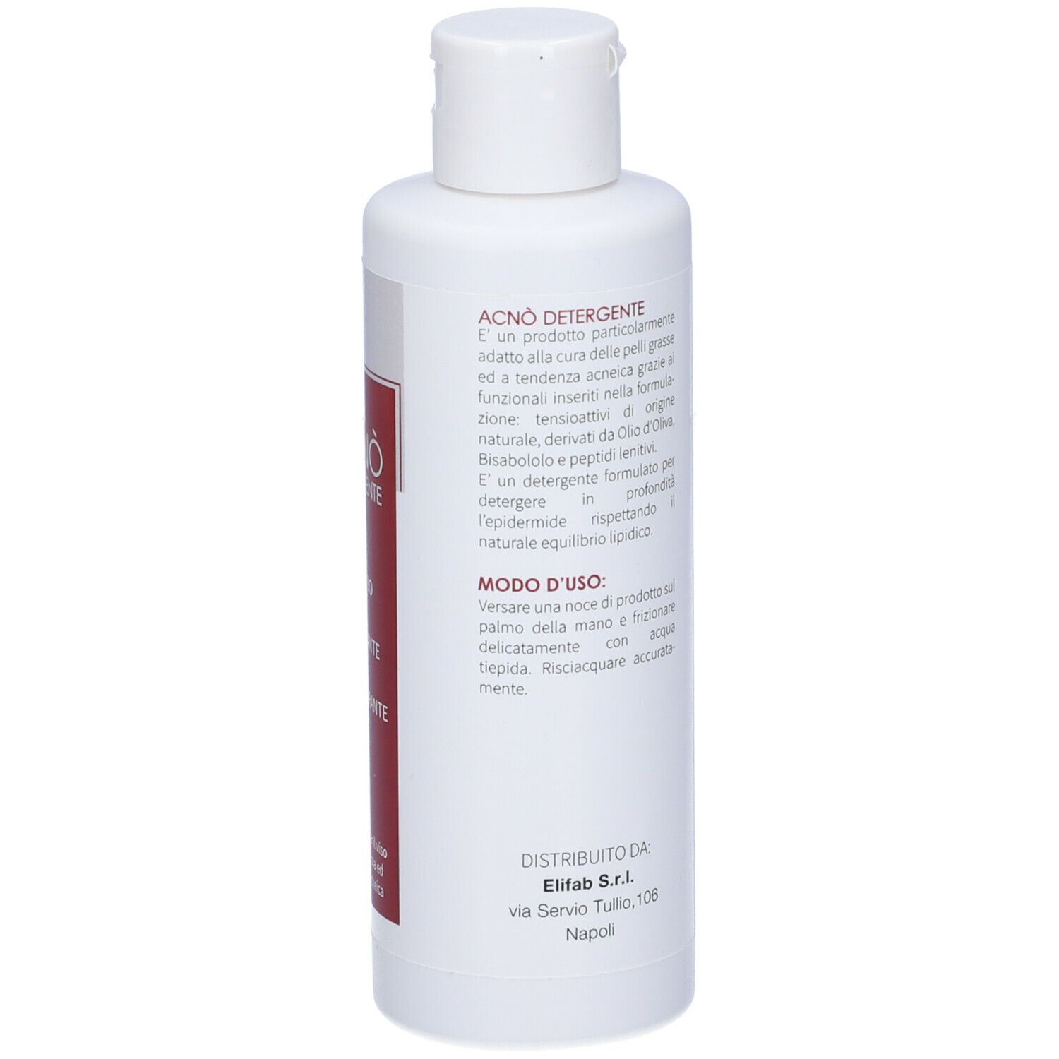 Flacone Acnò Detergente. Testo con istruzioni per l'uso. Sfondo bianco.