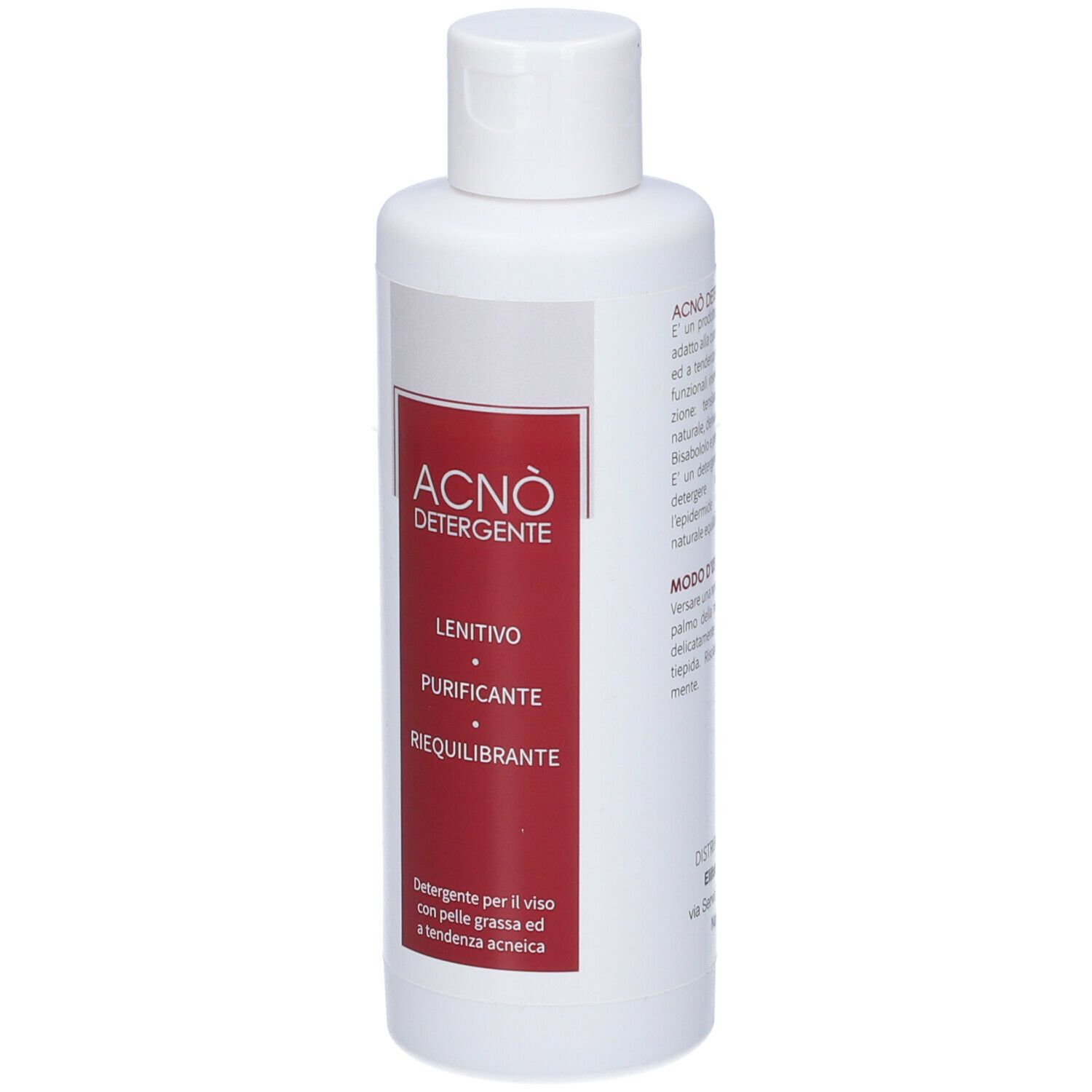 Flacone Acnò Detergente. Etichetta rossa con informazioni prodotto. Sfondo bianco.