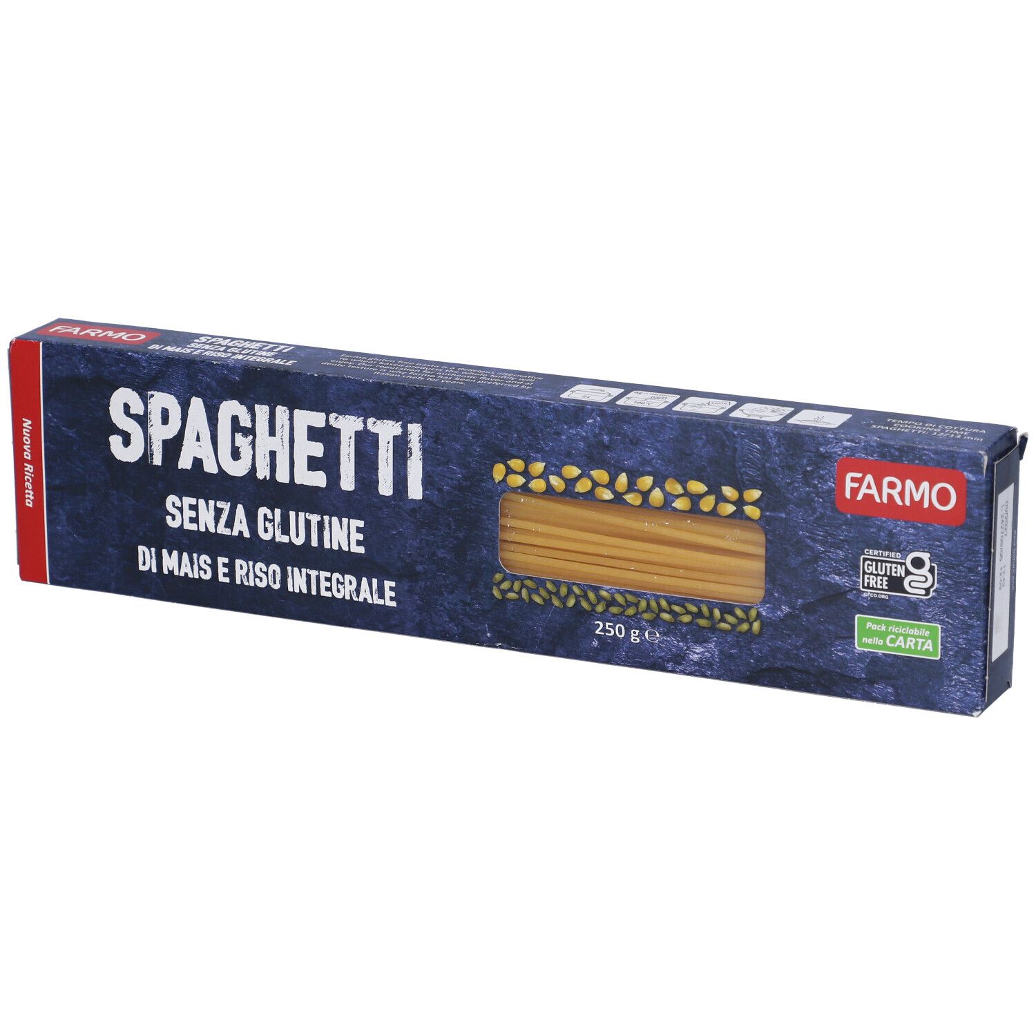 Confezione di spaghetti. Scritta: Spaghetti Senza Glutine di Mais e Riso Integrale. Marchio: Farmo. Sigillo senza glutine.