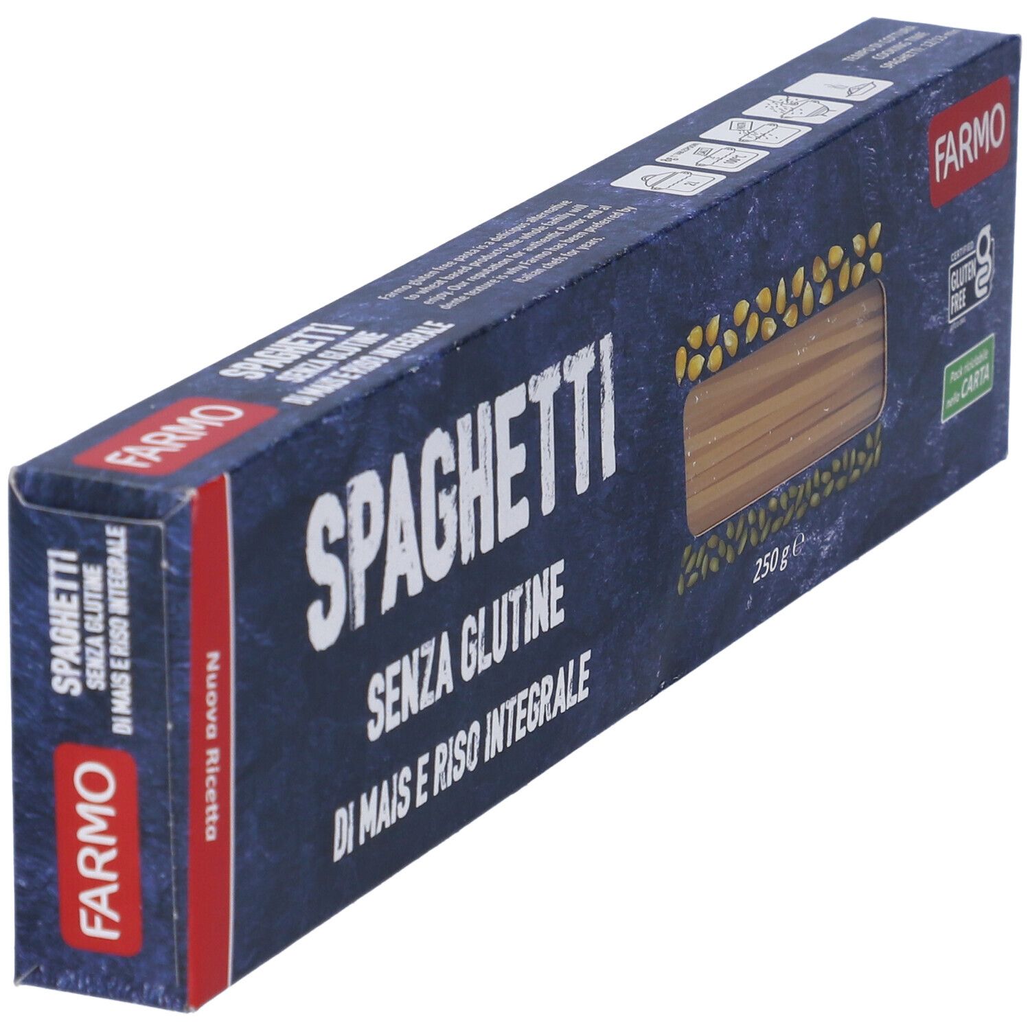 Confezione di spaghetti in diagonale. Scritta: Spaghetti Senza Glutine. Marchio: Farmo. Sigillo senza glutine.