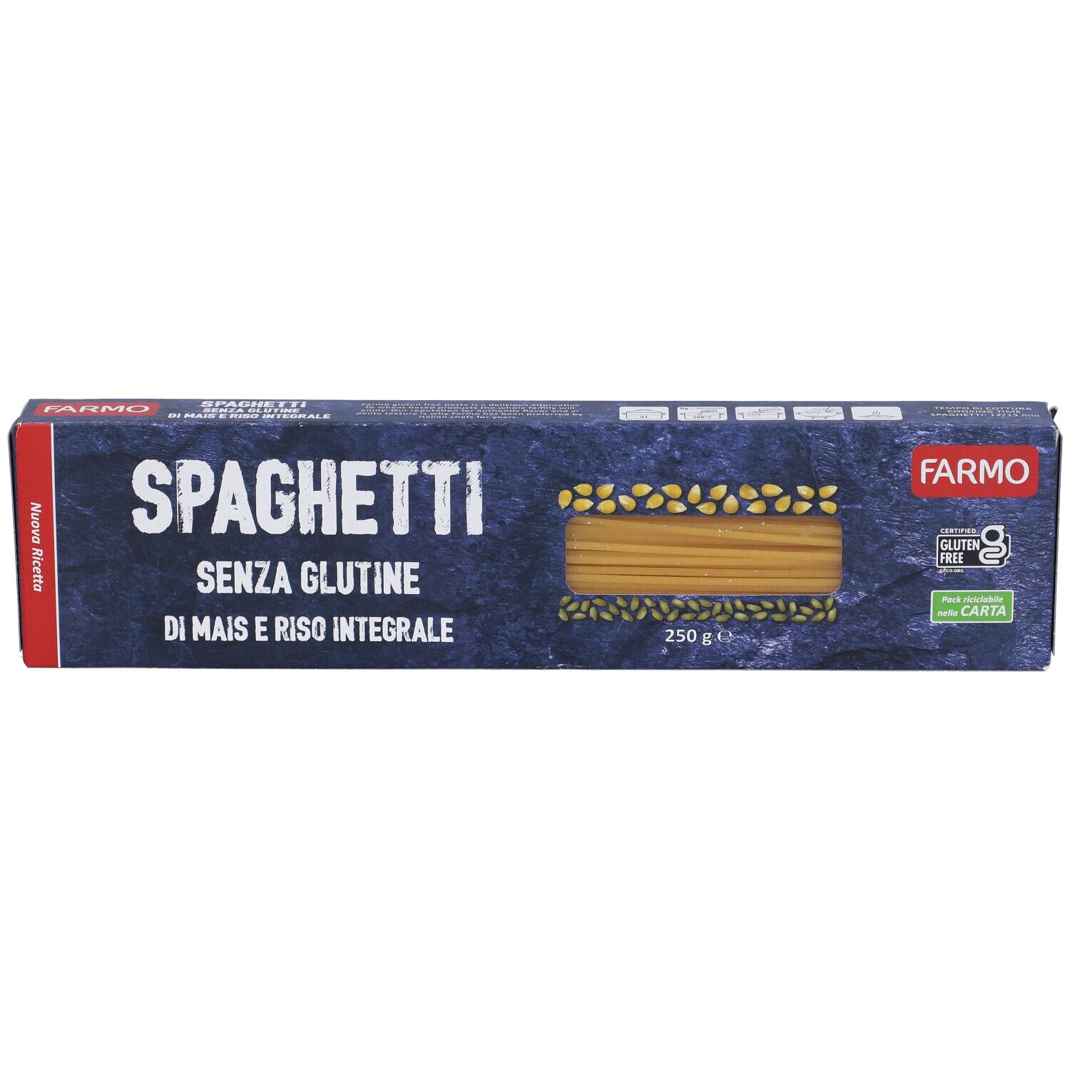 Confezione di spaghetti. Scritta: Spaghetti Senza Glutine di Mais e Riso Integrale. Marchio: Farmo. Sigillo senza glutine.