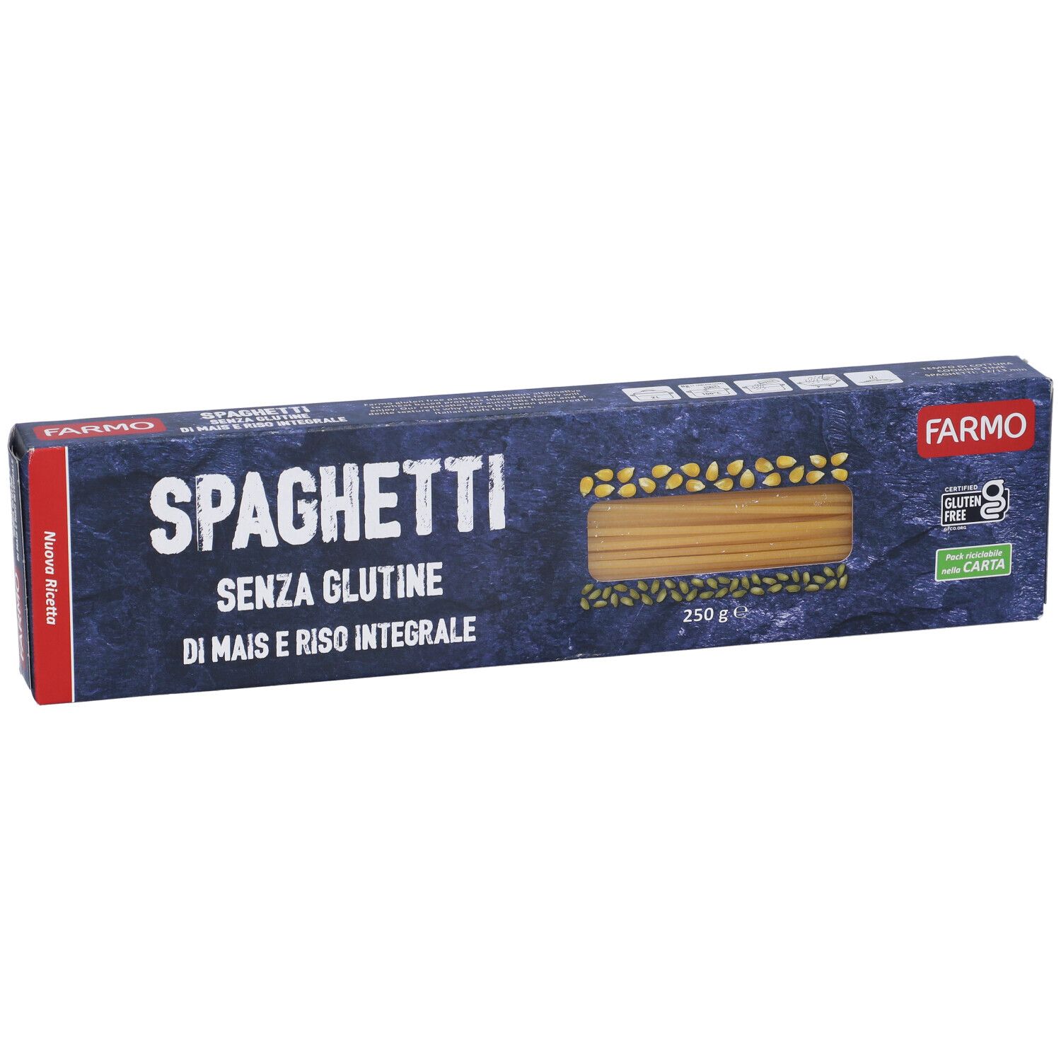 Confezione di spaghetti. Scritta: Spaghetti Senza Glutine di Mais e Riso Integrale. Marchio: Farmo. Sigillo senza glutine.
