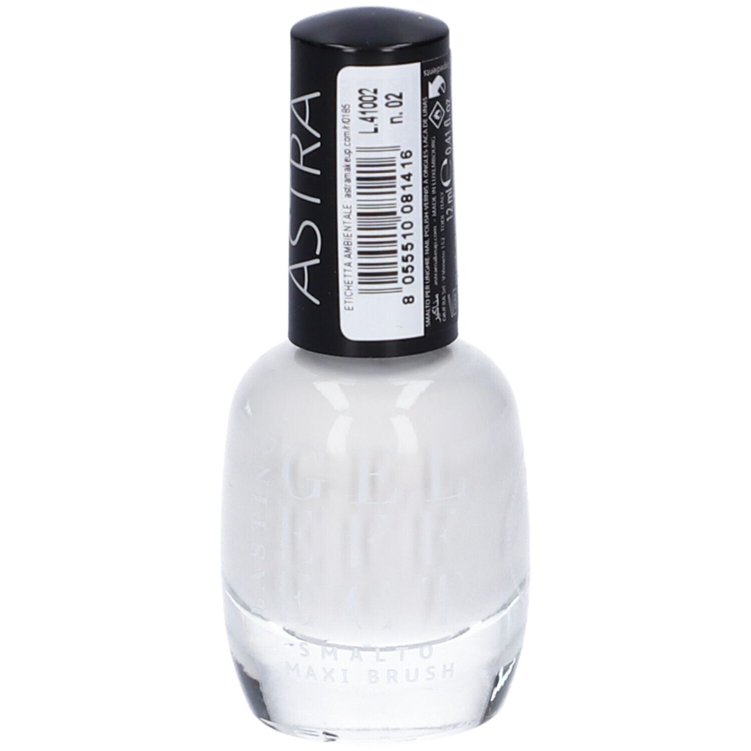 Smalto per unghie bianco ASTRA. Tappo nero con informazioni. Flacone da 12 ml.