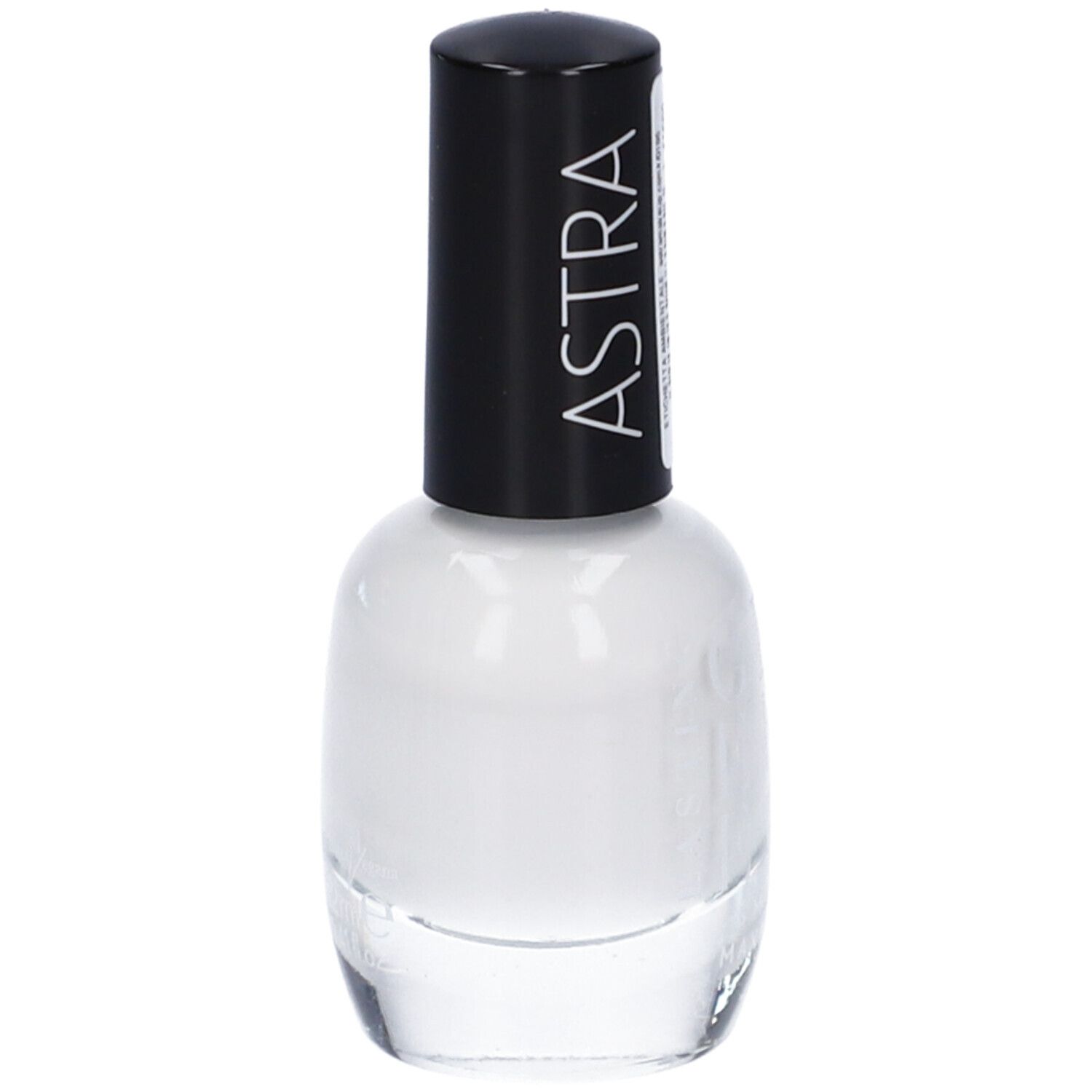 Smalto per unghie bianco ASTRA. Tappo nero. Flacone con contenuto bianco.