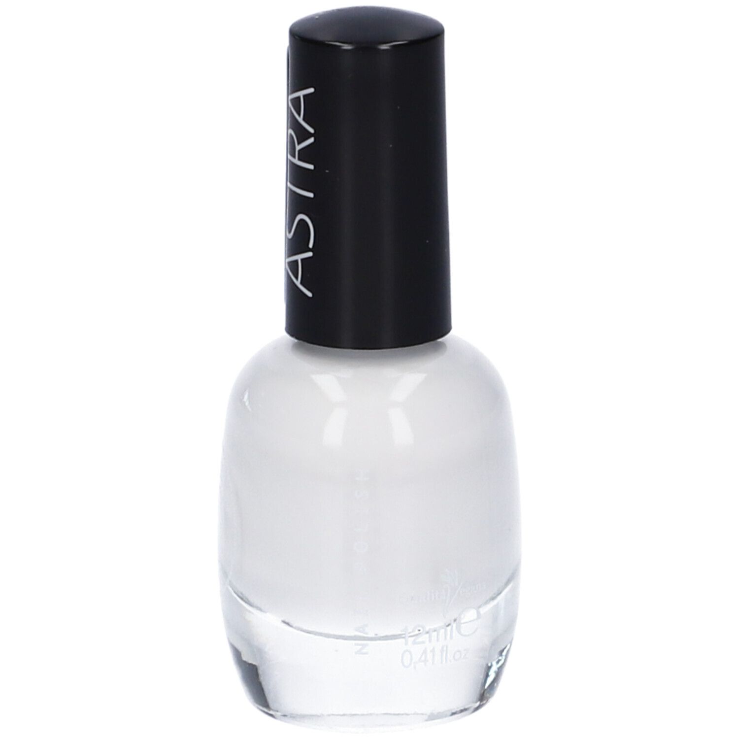 Smalto per unghie bianco ASTRA. Tappo nero. Flacone con contenuto bianco.