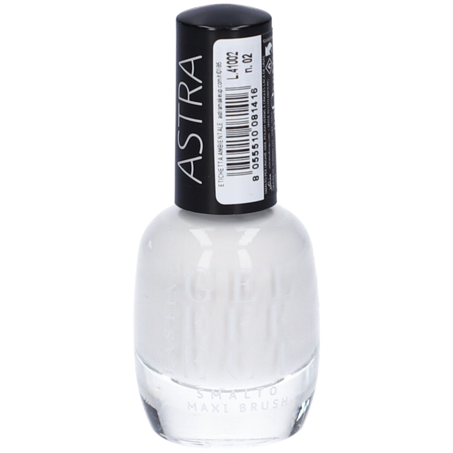 Smalto per unghie bianco ASTRA. Tappo nero con informazioni. Flacone da 12 ml.