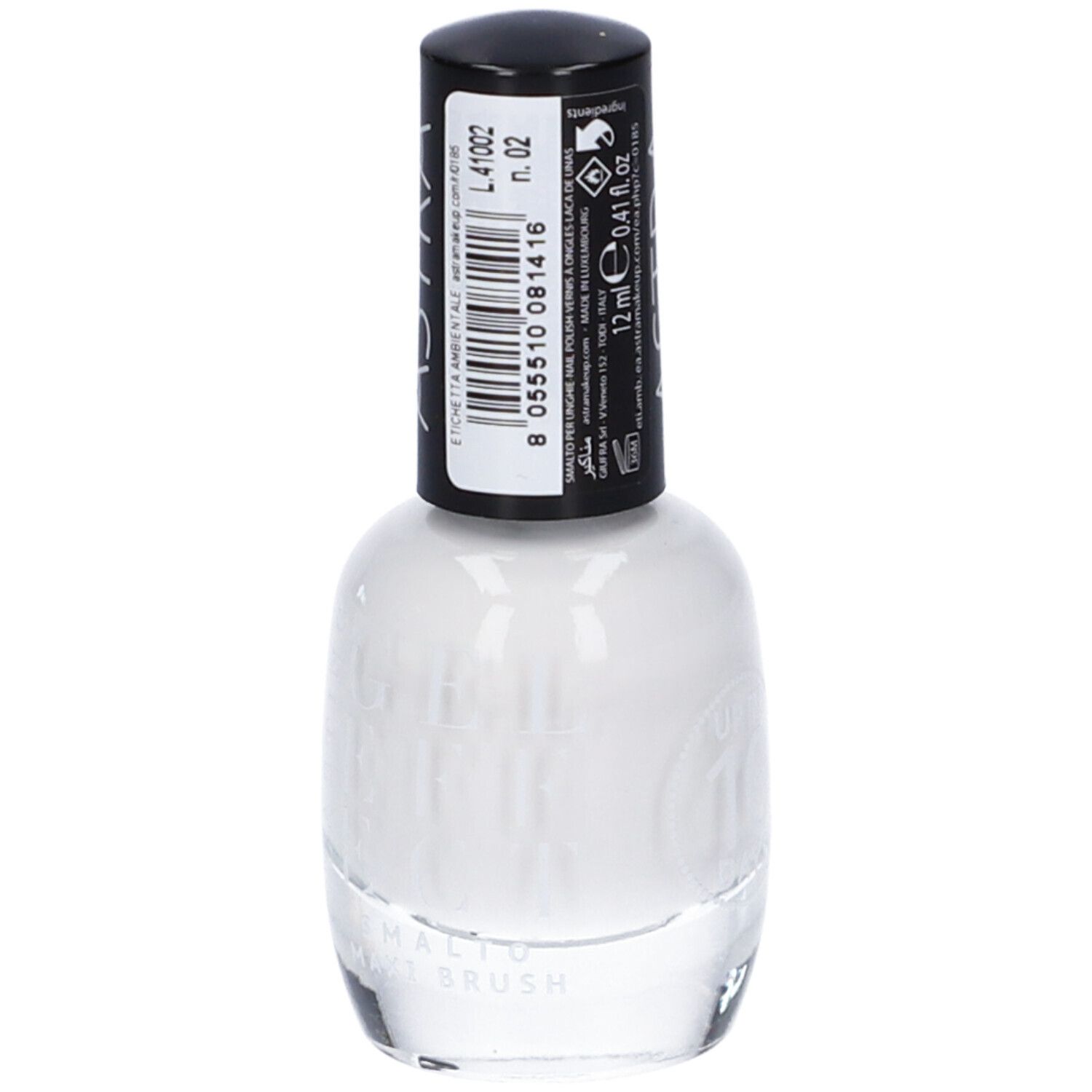 Smalto per unghie bianco ASTRA. Tappo nero con informazioni. Flacone da 12 ml.