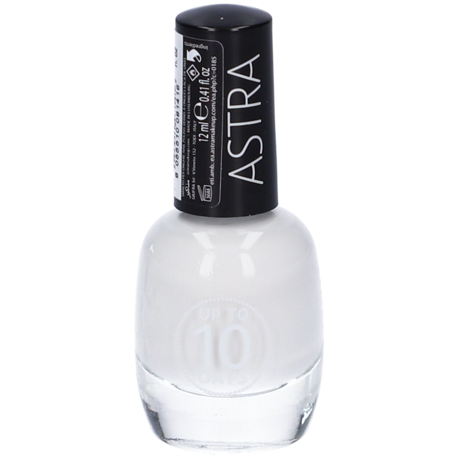 Smalto per unghie bianco ASTRA. Tappo nero con informazioni. Flacone da 12 ml.